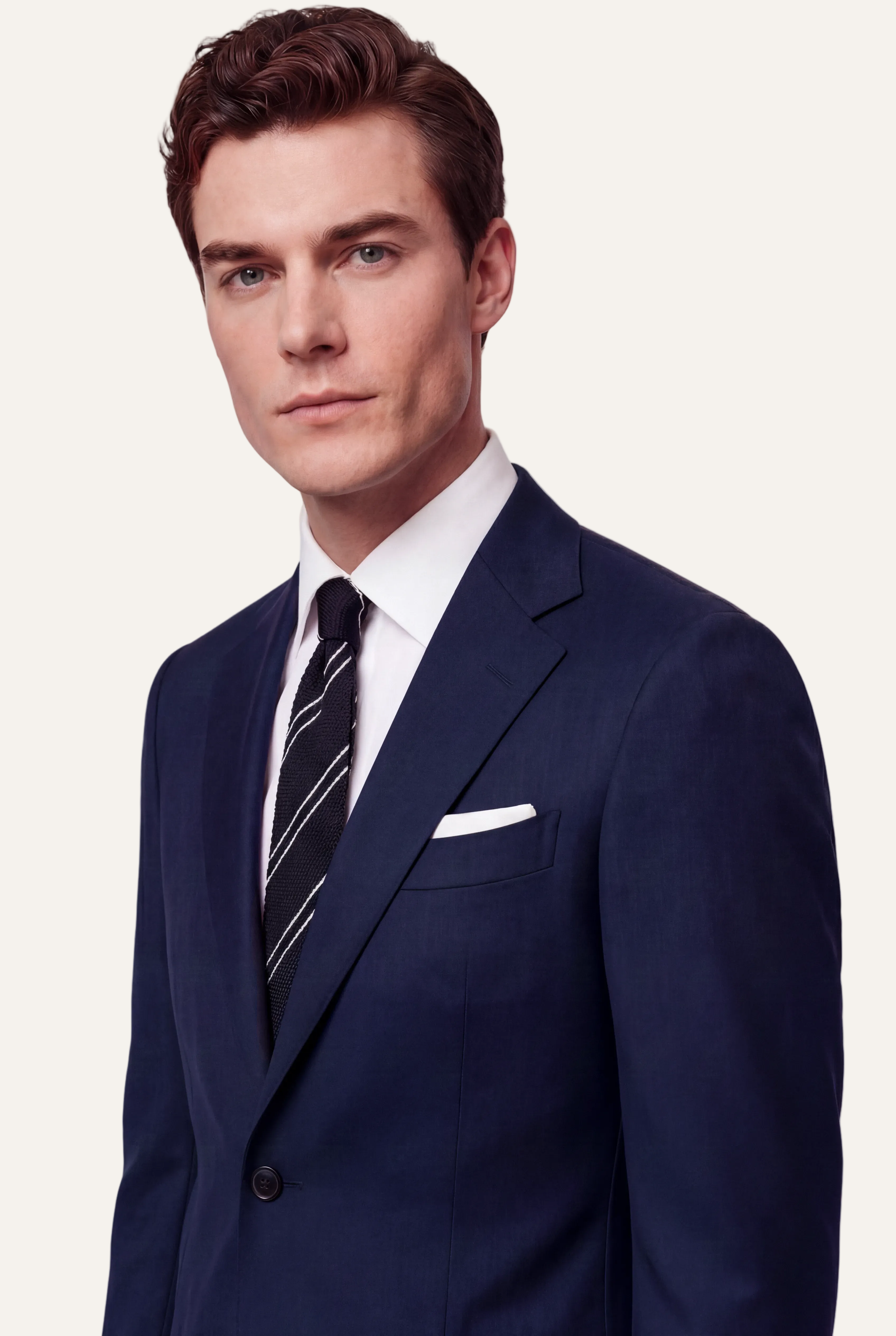 Zane Barläs Oxford Navy Blue Suit, portrait editorial view on model