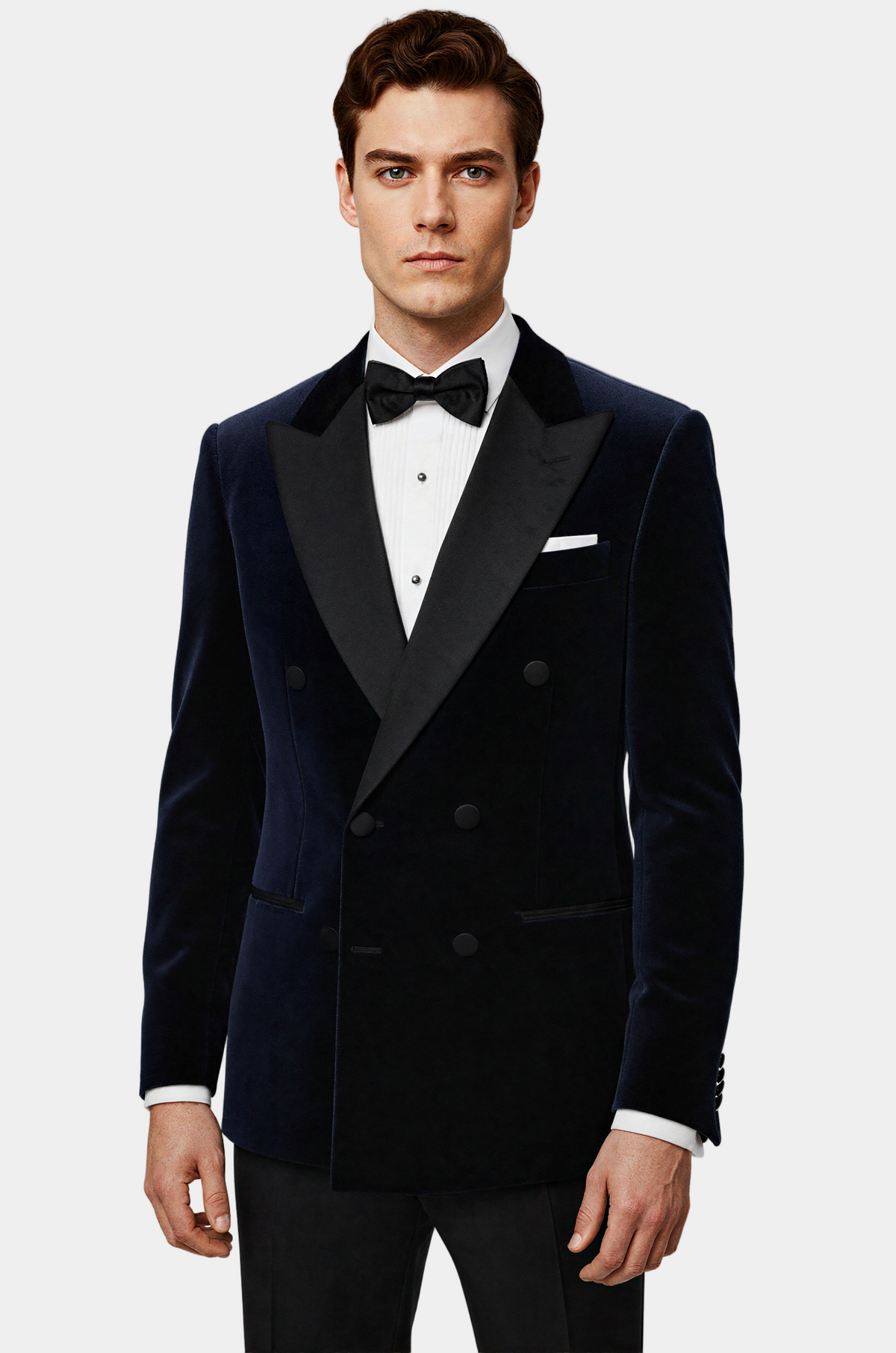 Man wearing a navy tuxedo with a white shirt and black bow tie on a light gray background