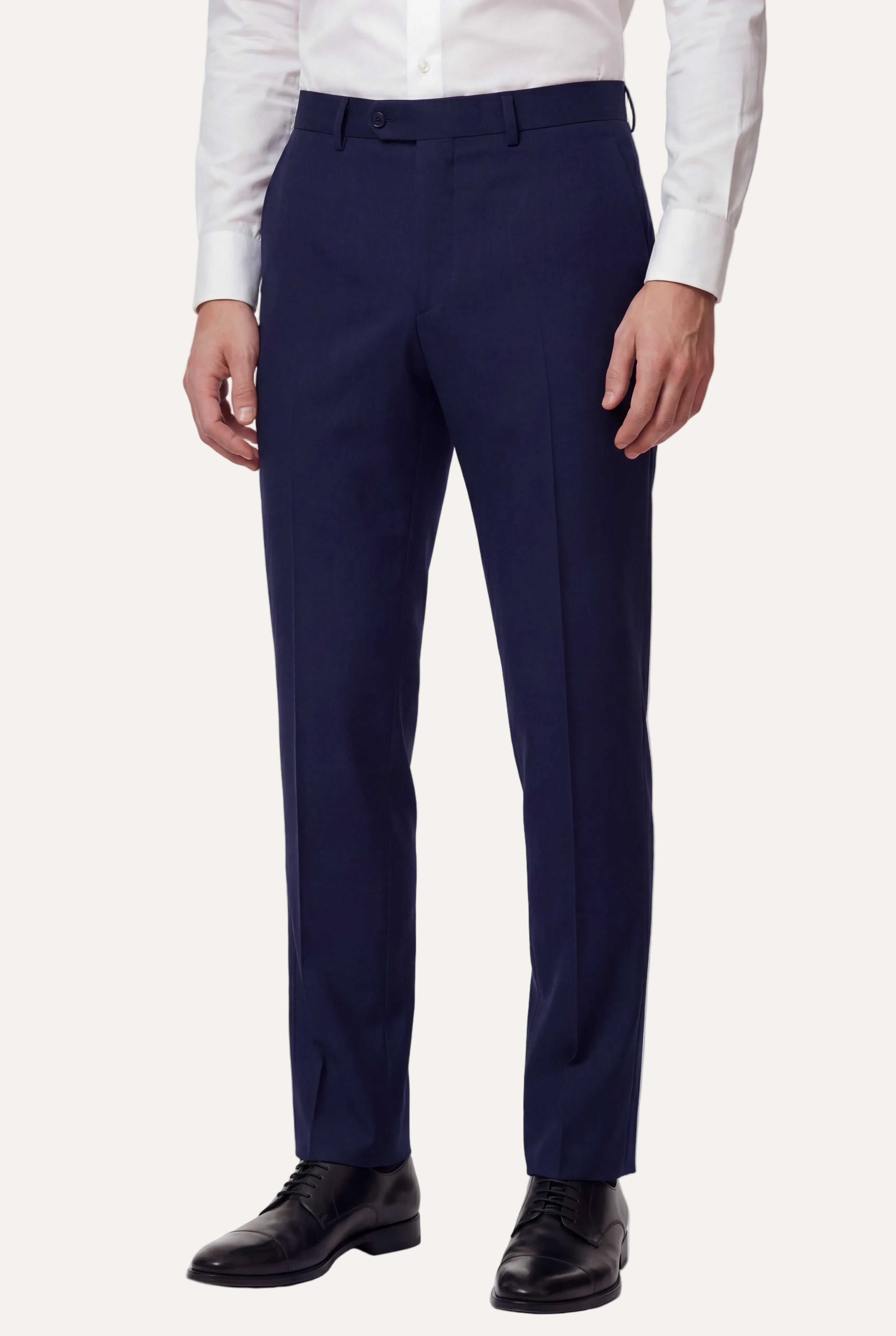Zane Barläs Oxford Navy Blue Suit, flat front tapered leg trousers front view