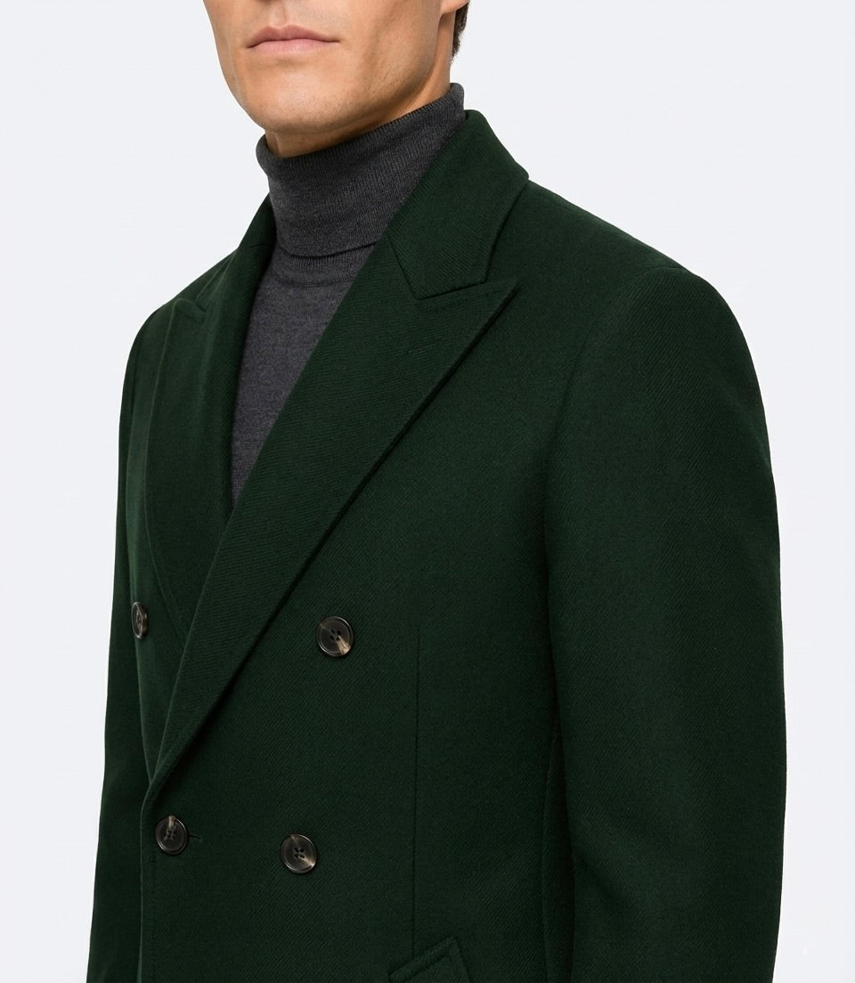 Zane Barläs Green Wool Overcoat, sartorial lapel construction detail