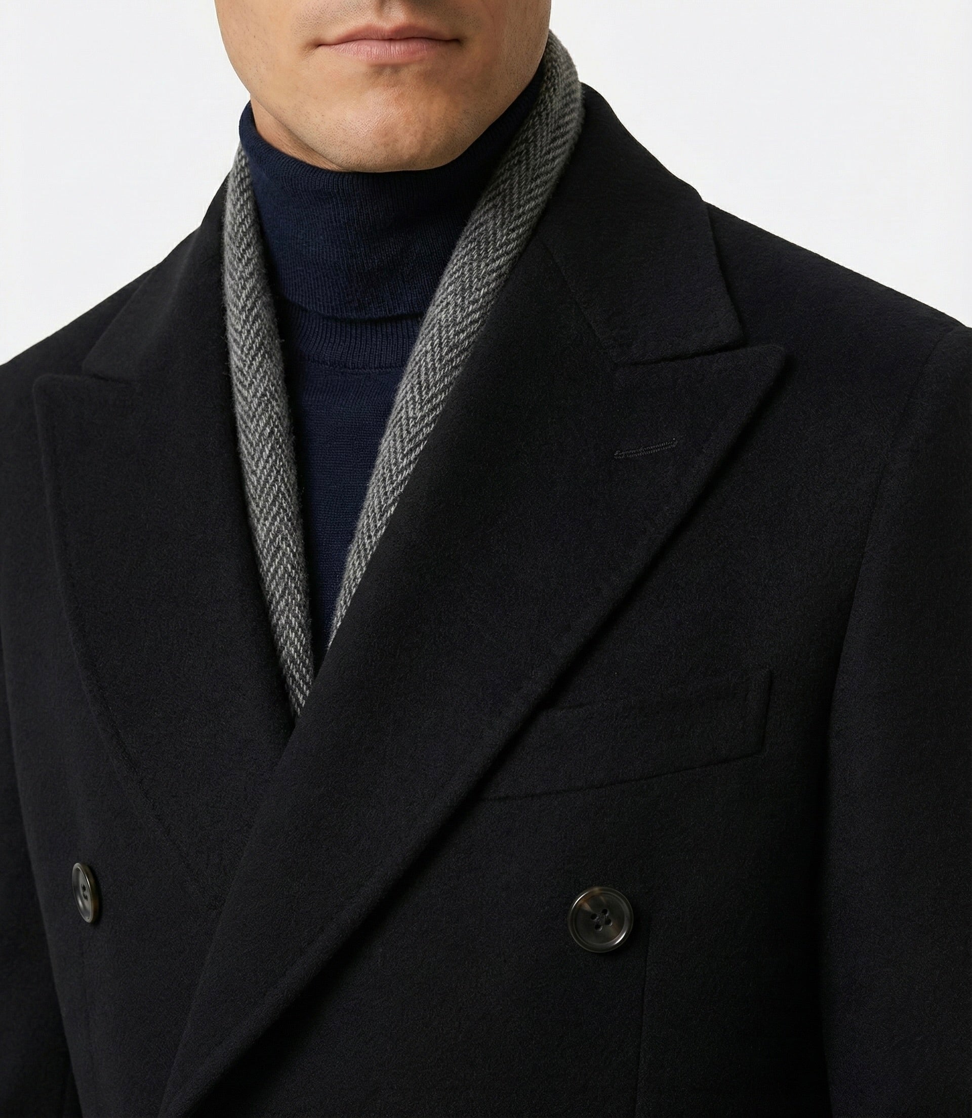Zane Barläs Black Cashmere Overcoat, sartorial lapel construction detail