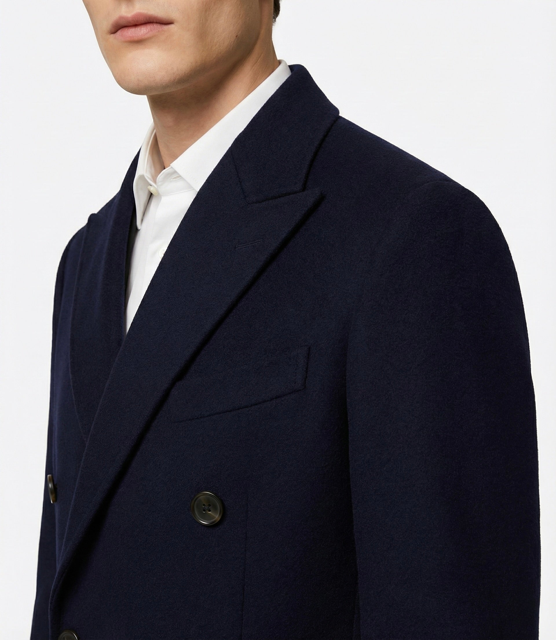 Zane Barläs Navy Blue Cashmere Overcoat, soft roped shoulder construction detail
