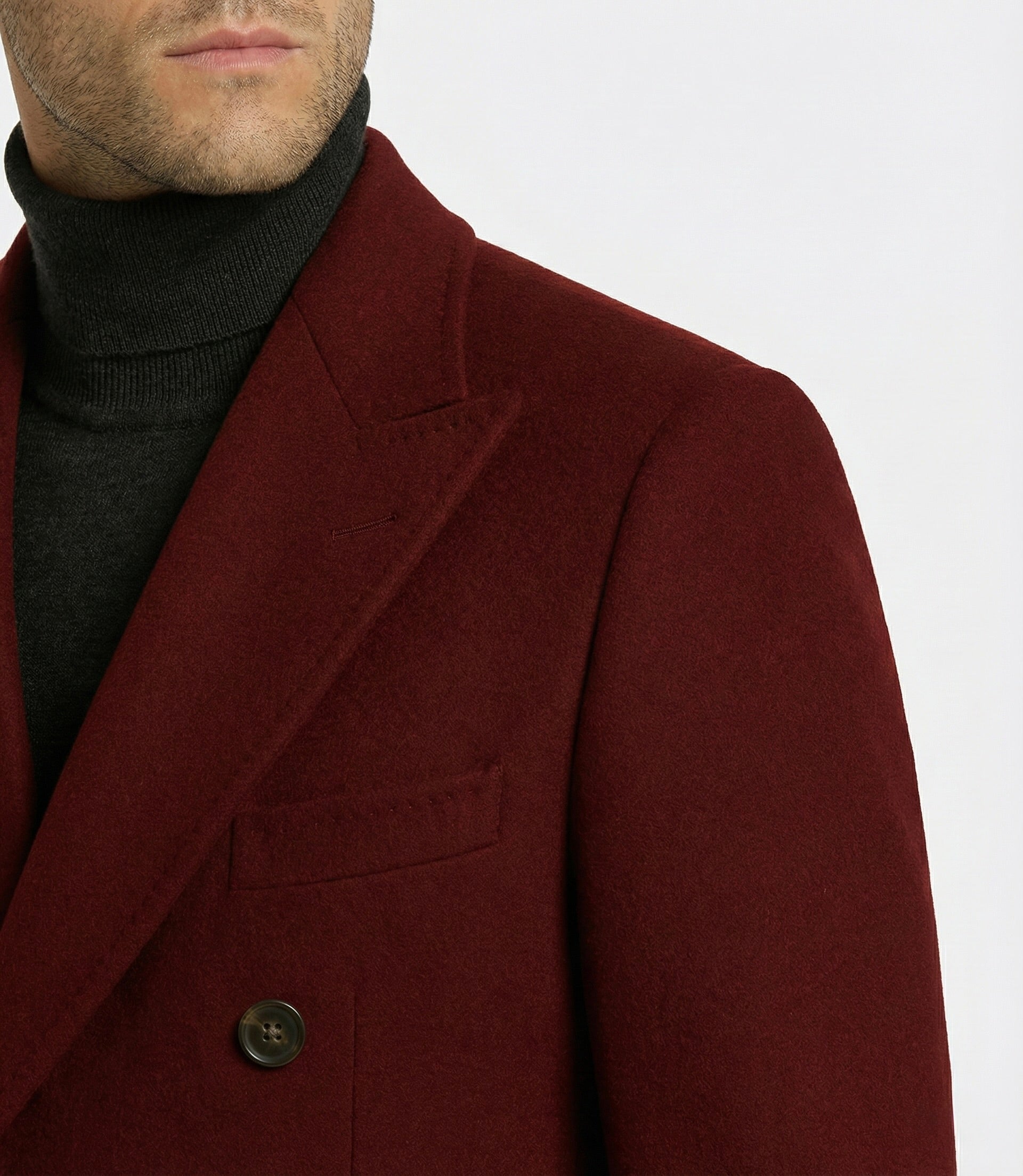 Zane Barläs Red Cashmere Overcoat, soft roped shoulder construction detail