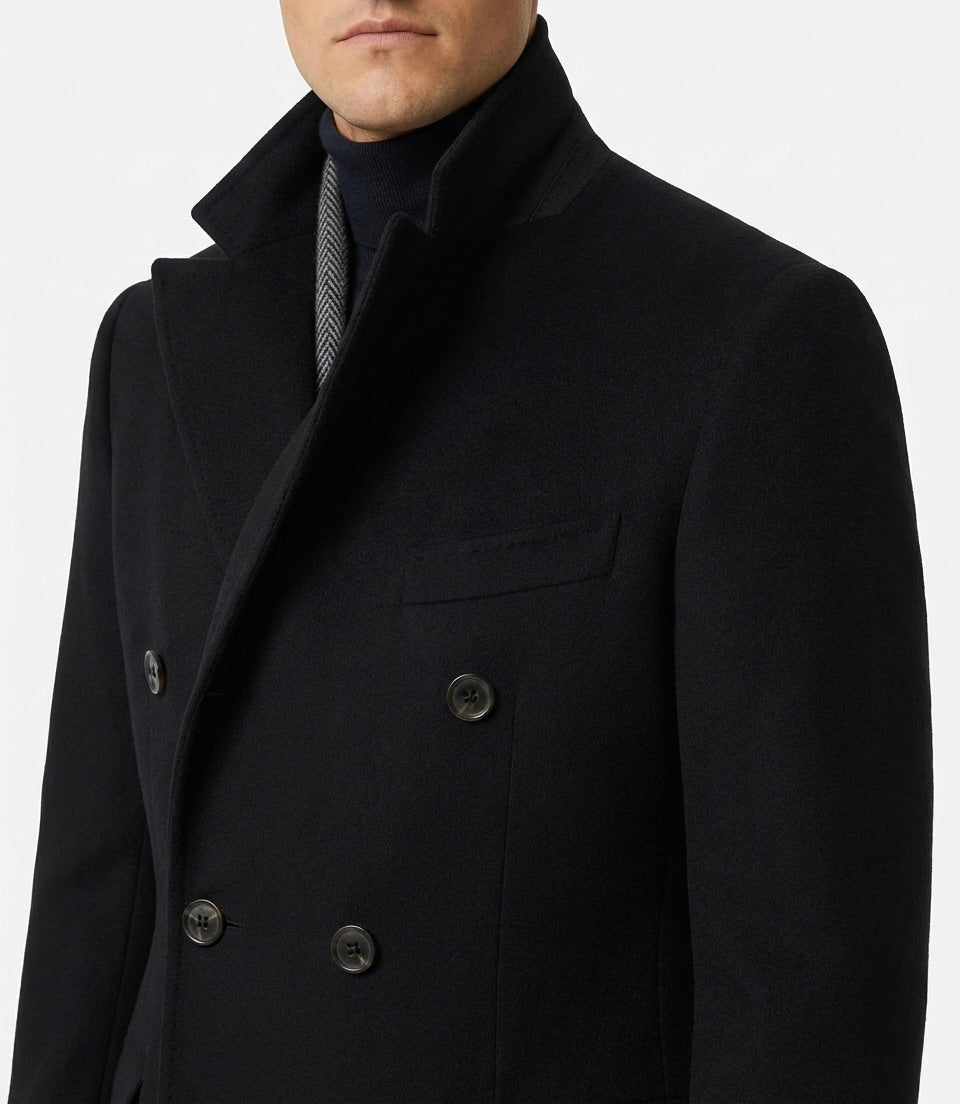 Zane Barläs Black Cashmere Overcoat, soft roped shoulder construction detail