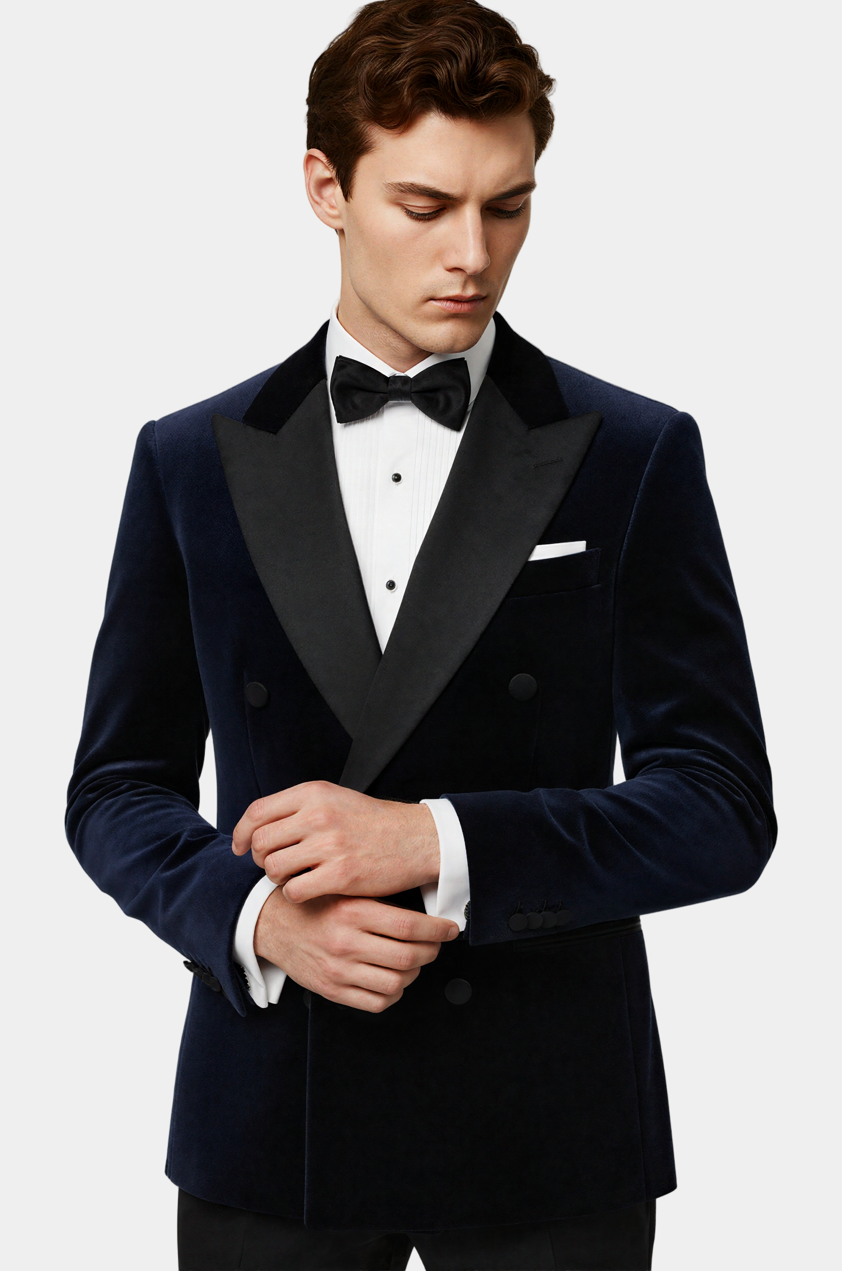 Zane Barläs Navy Velvet Dinner Jacket, tailored fit silhouette on model
