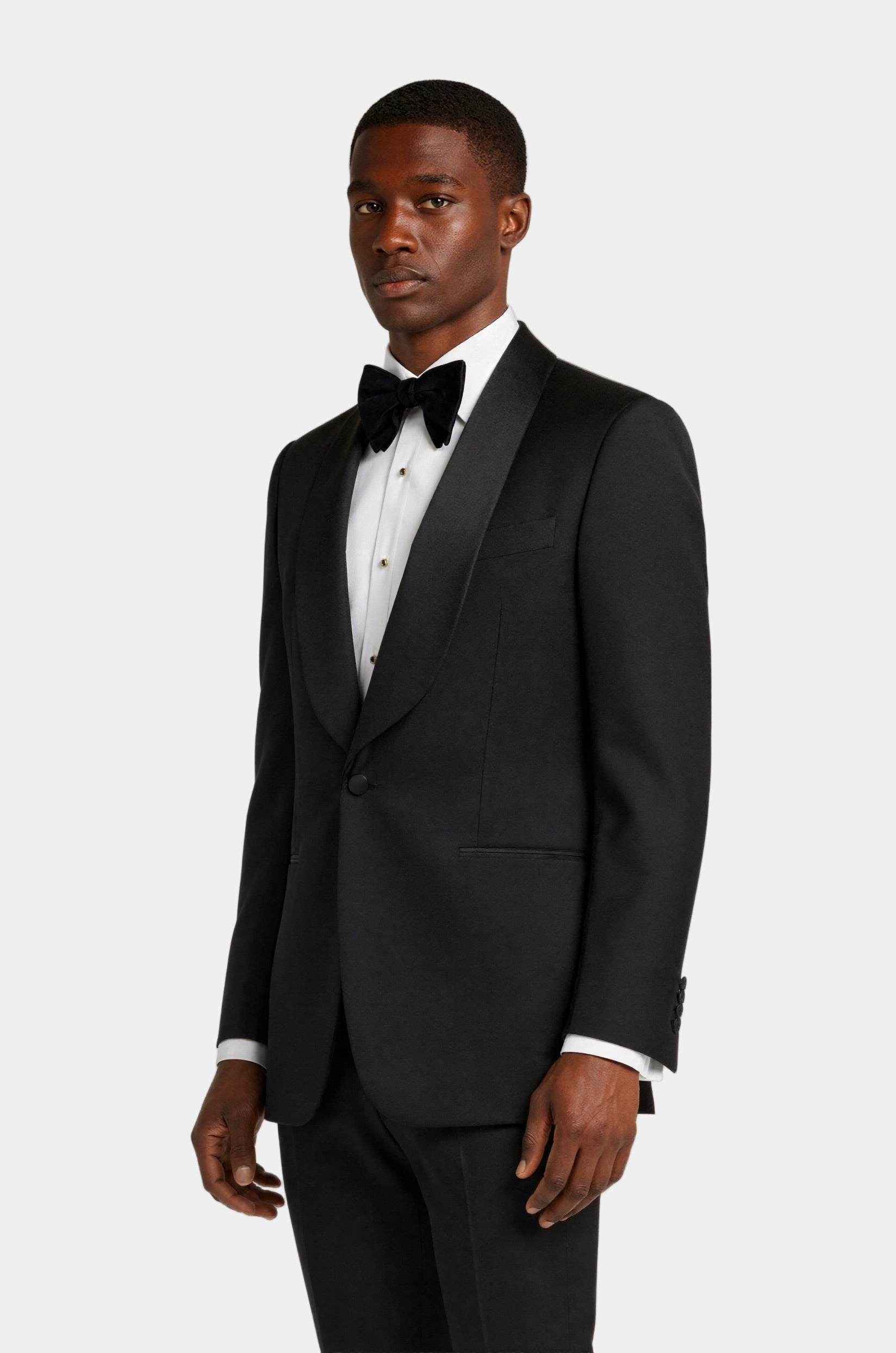 Zane Barläs Black Monaco Tuxedo, tailored fit silhouette on model