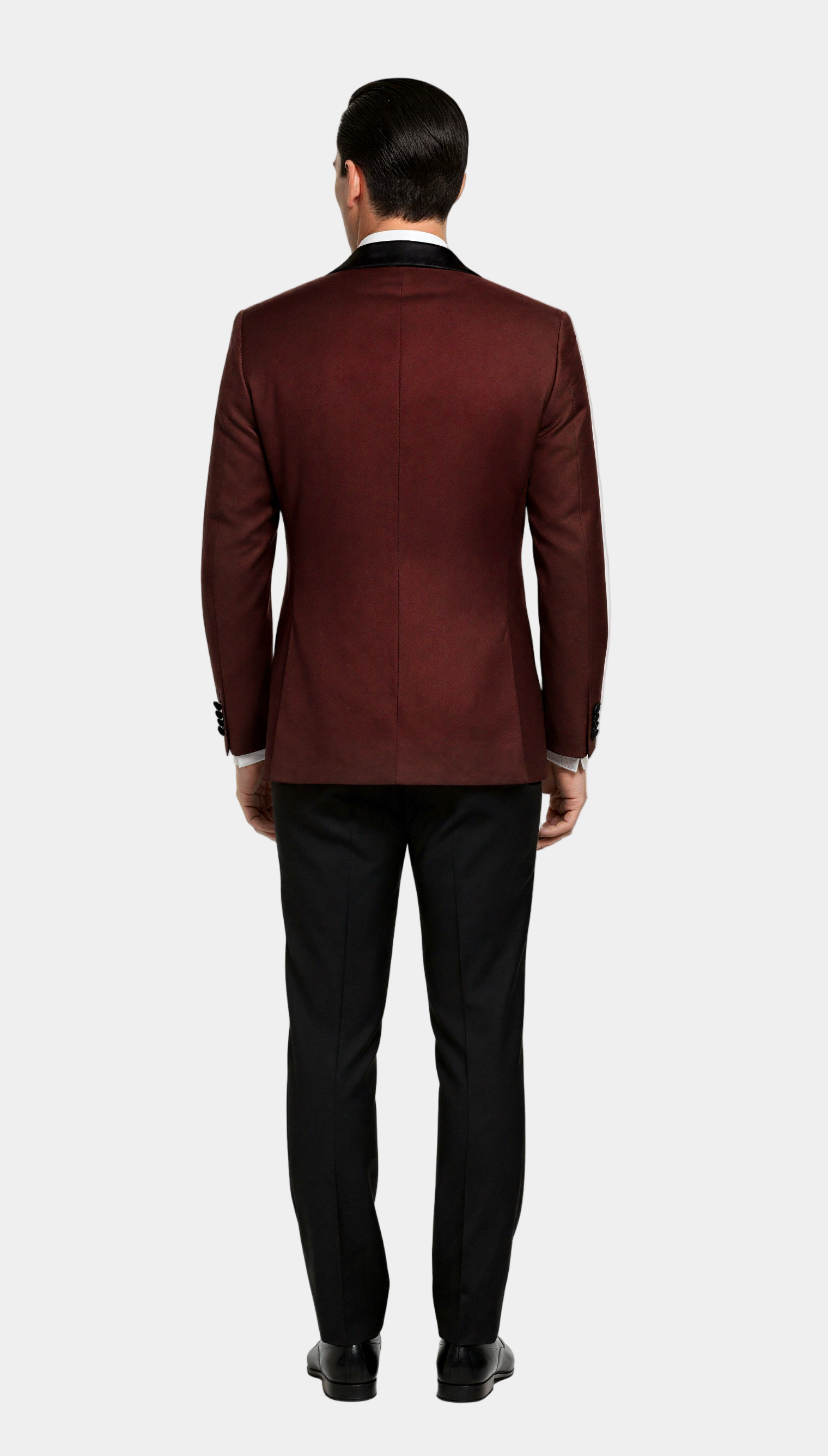Zane Barläs Burgundy Monaco Tuxedo, tailored fit silhouette on model