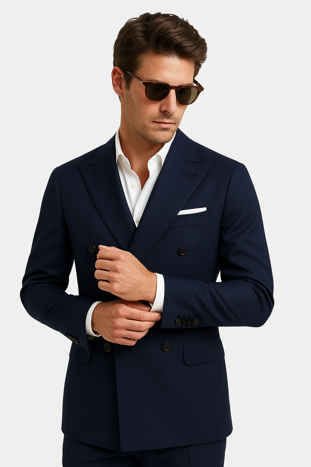 Zane Barläs Navy Double Breasted Suit, tailored fit silhouette on model