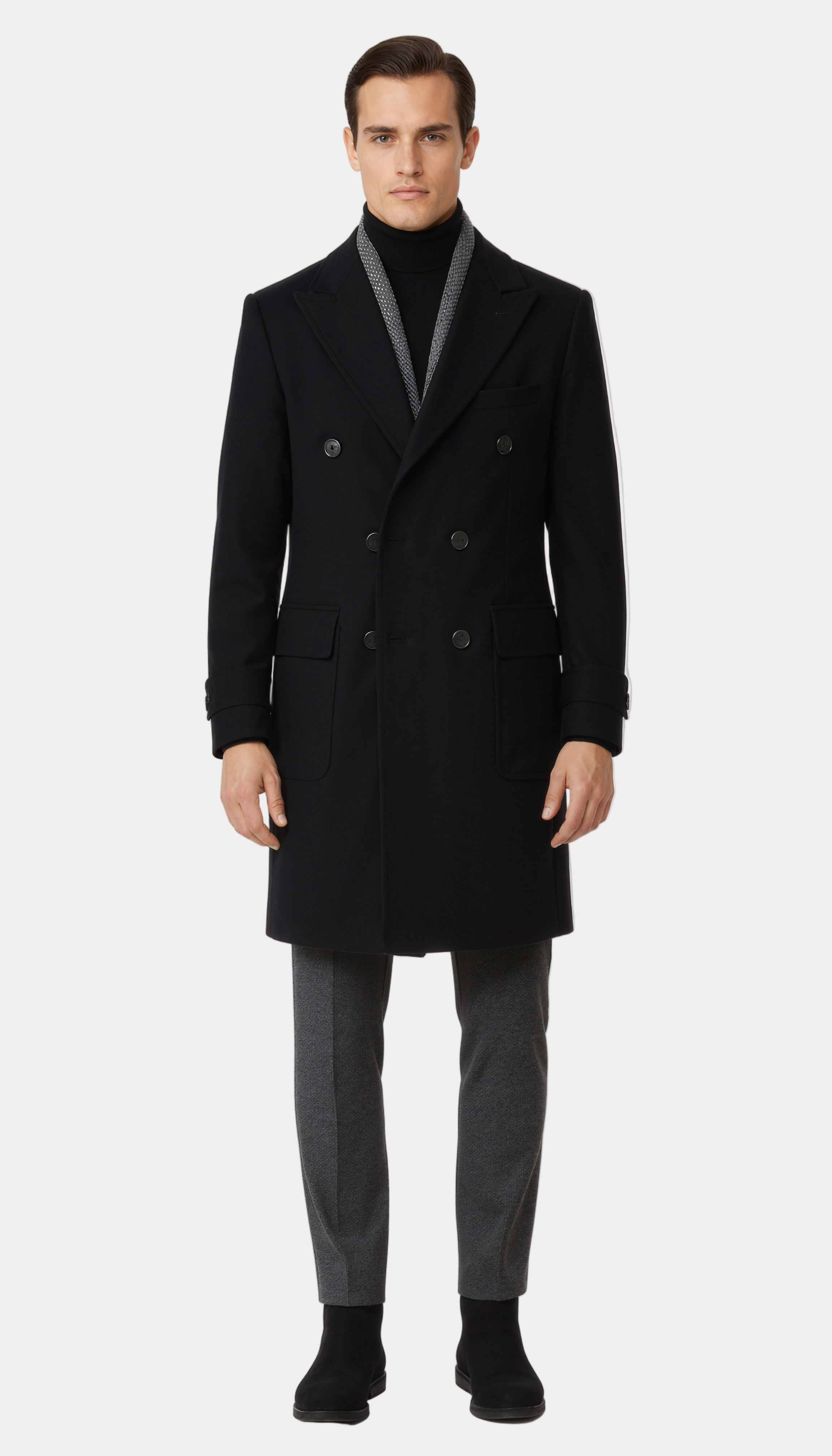 Zane Barläs Black Cashmere Overcoat, tailored silhouette over suit men