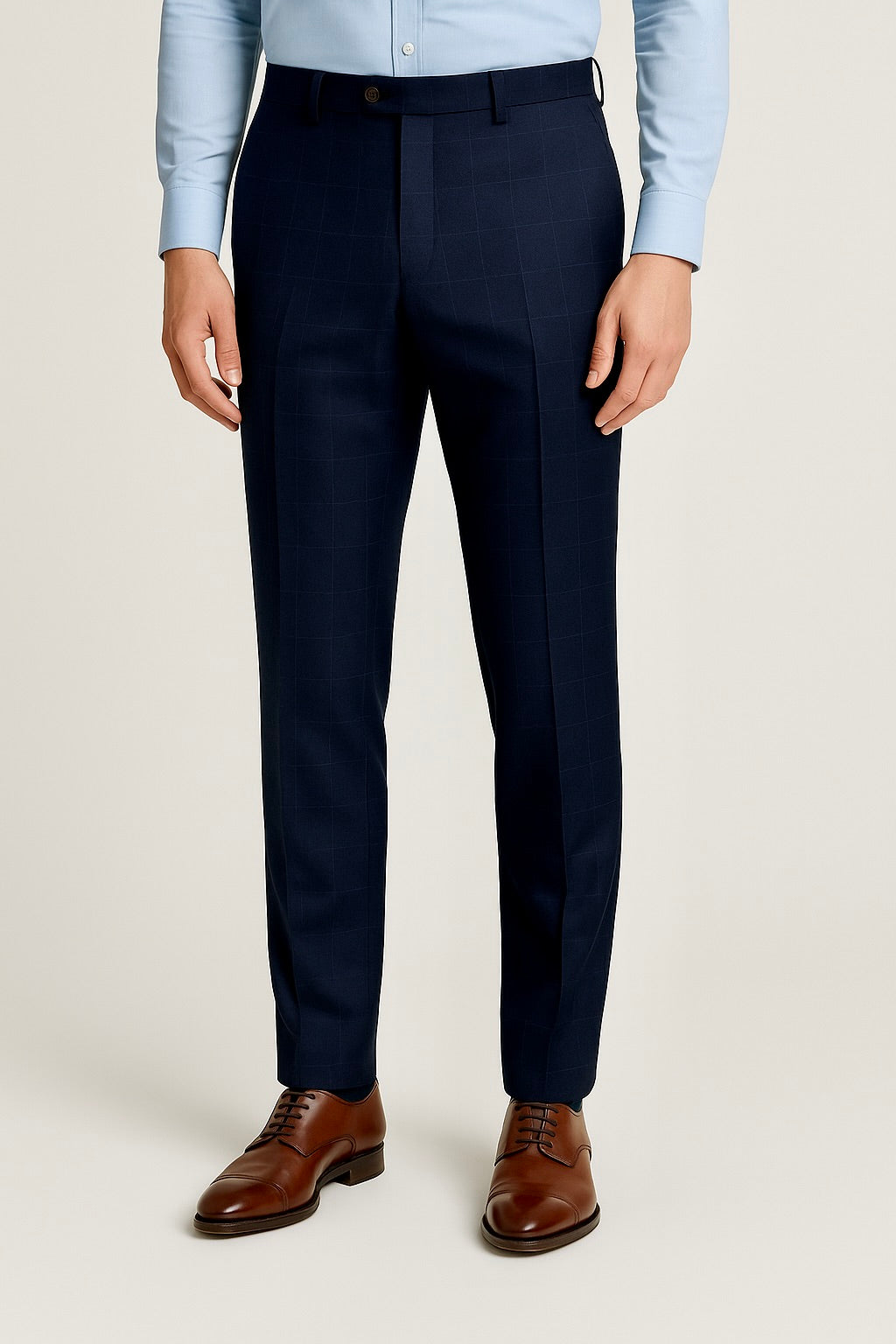 Zane Barläs Oxford Navy Windowpane Suit, tapered leg trousers front view