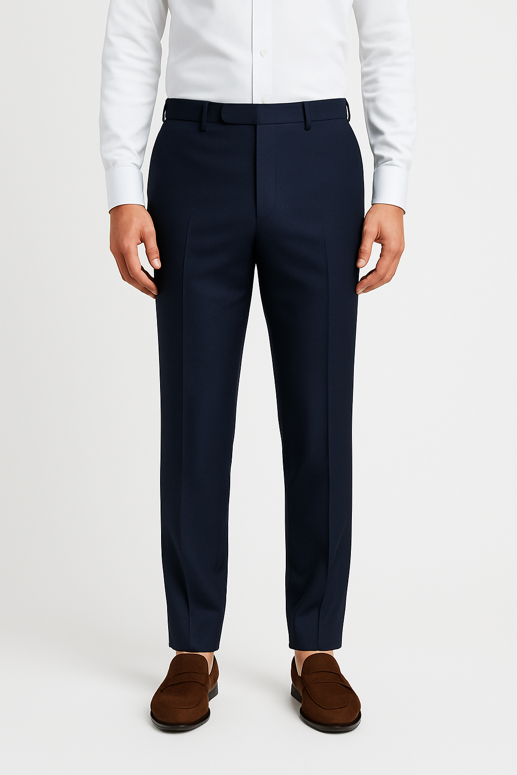 Zane Barläs Navy Double Breasted Suit, tapered leg trousers front view