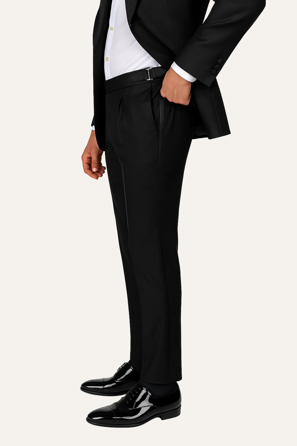 Zane Barläs Black Monaco Tuxedo, tapered leg tuxedo trousers with satin stripe