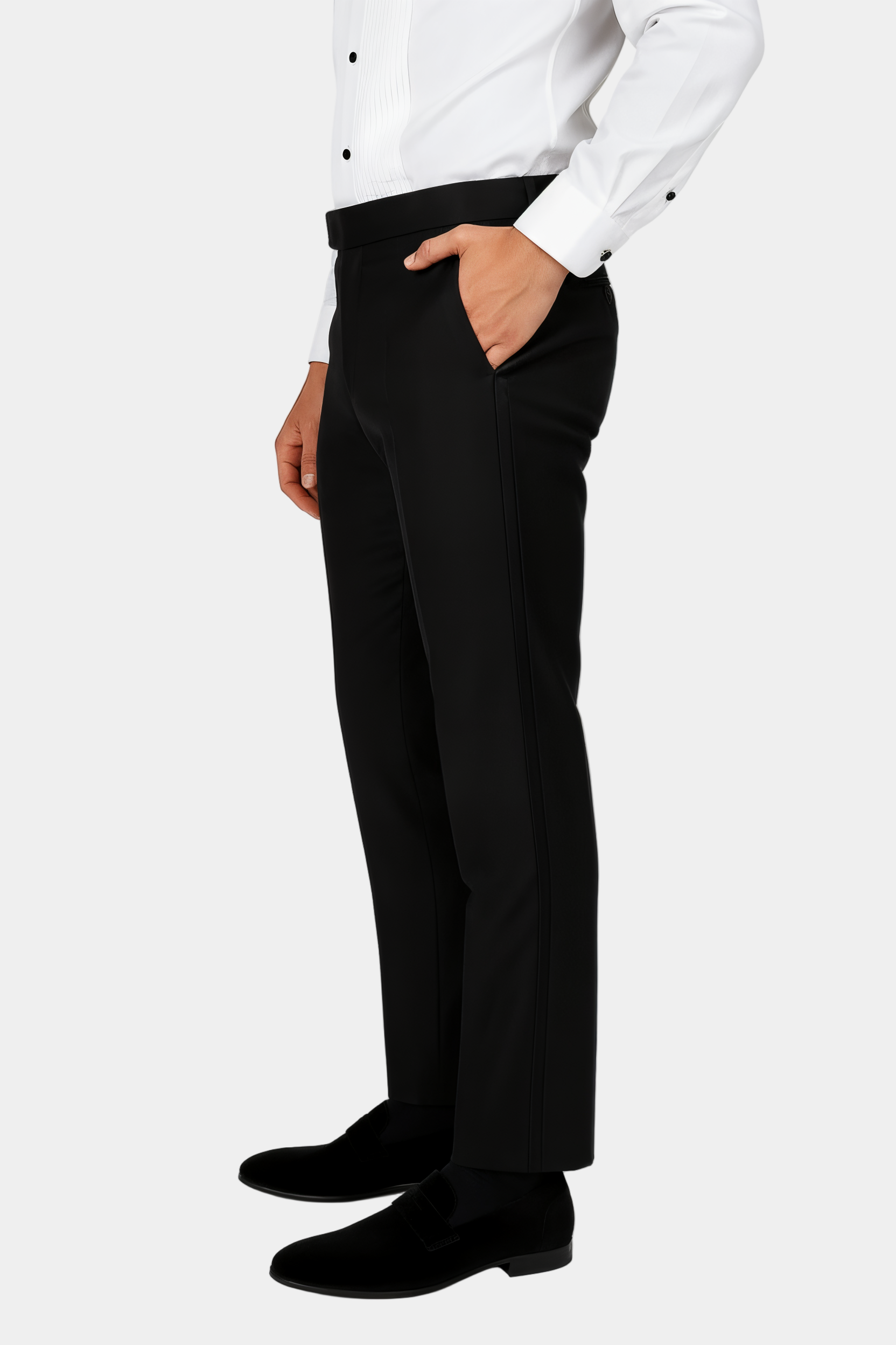 Zane Barläs Black Monaco Tuxedo, tapered leg tuxedo trousers with satin stripe