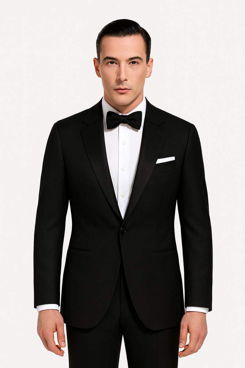 Zane Barlas Black Monaco tuxedo on model, satin shawl lapel