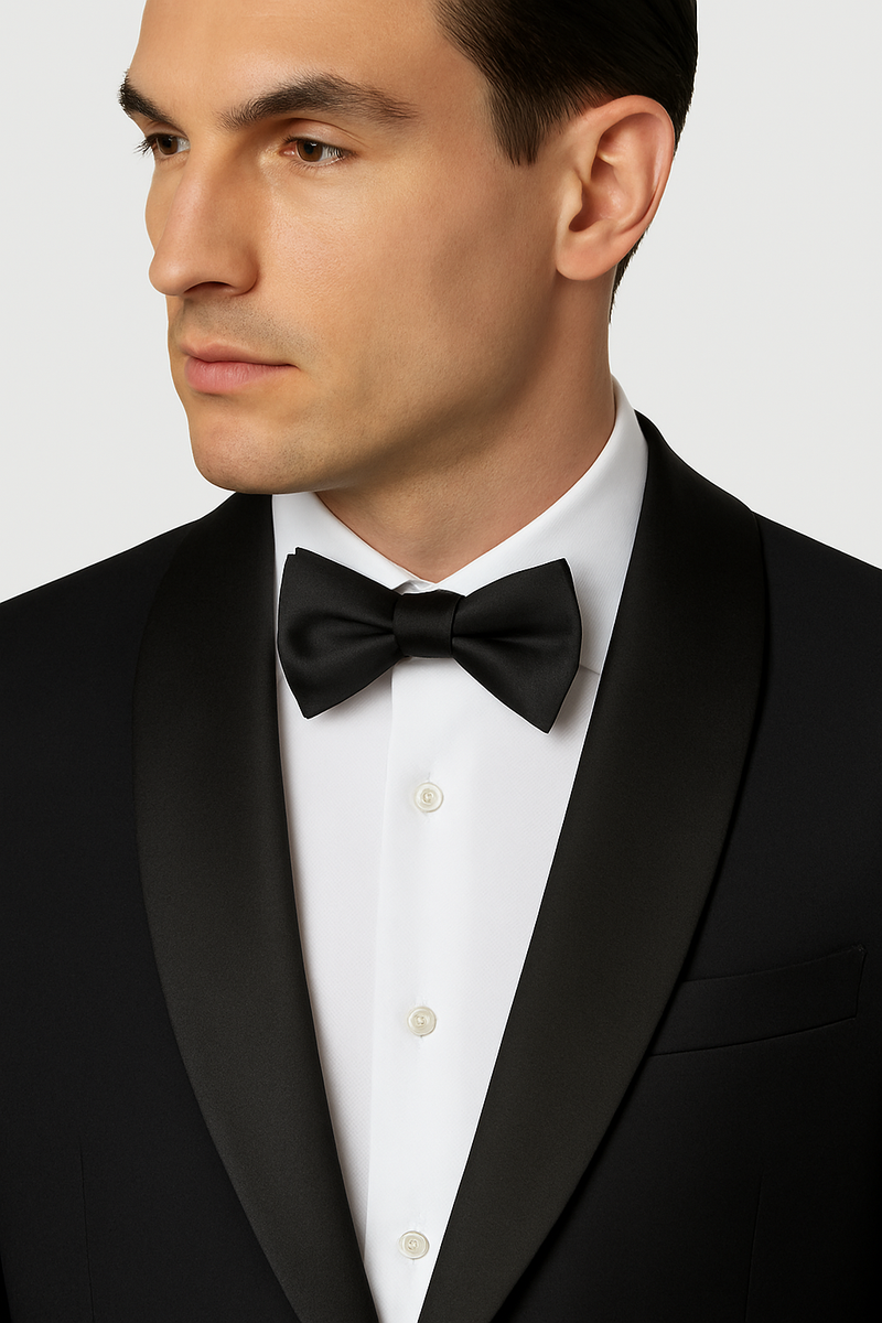 Close-up of satin shawl lapel and silk-covered button on black tuxedo