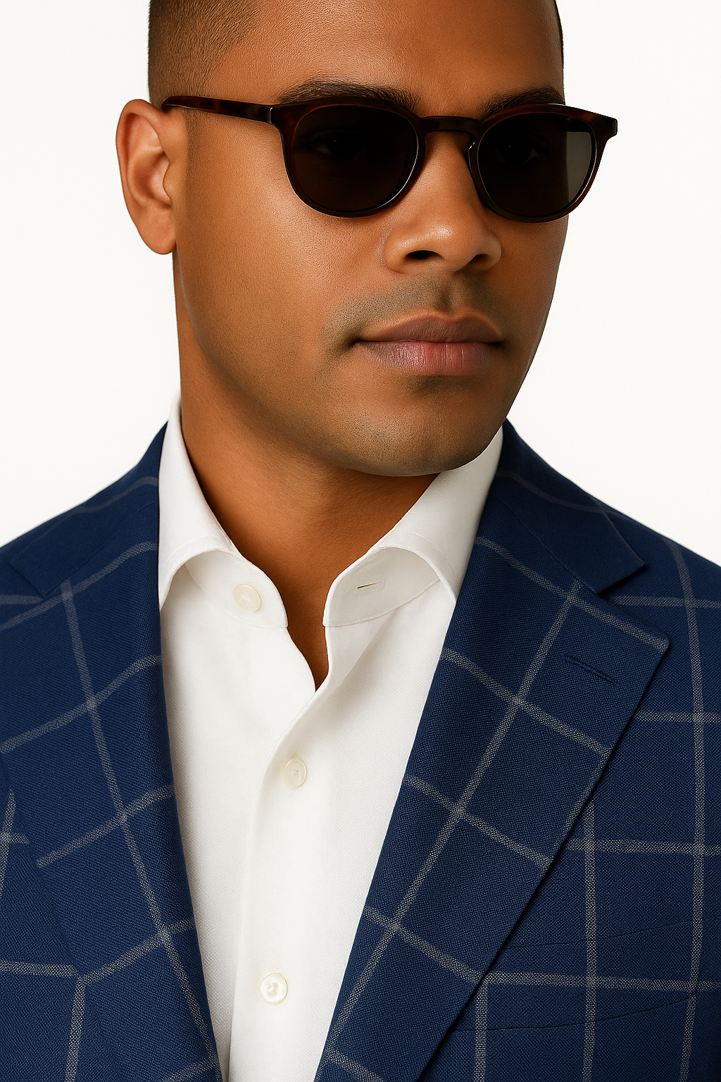 lapel close-up showing notch lapel and grey windowpane pattern