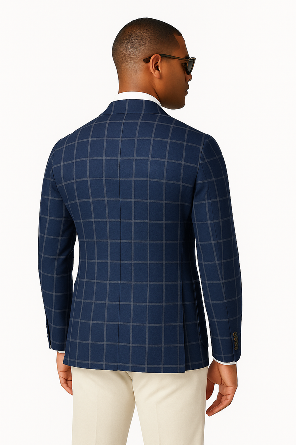 Zane Barlas blue wool-silk-linen windowpane blazer on model back
