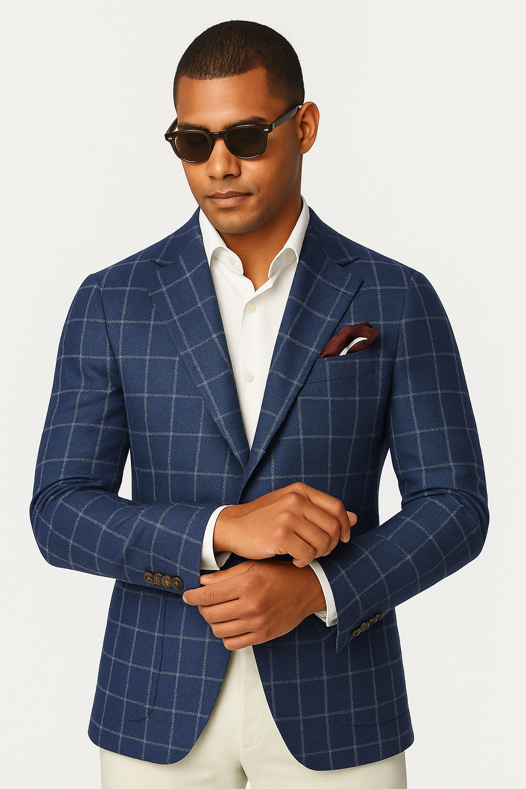 Zane Barlas blue wool-silk-linen windowpane blazer on model
