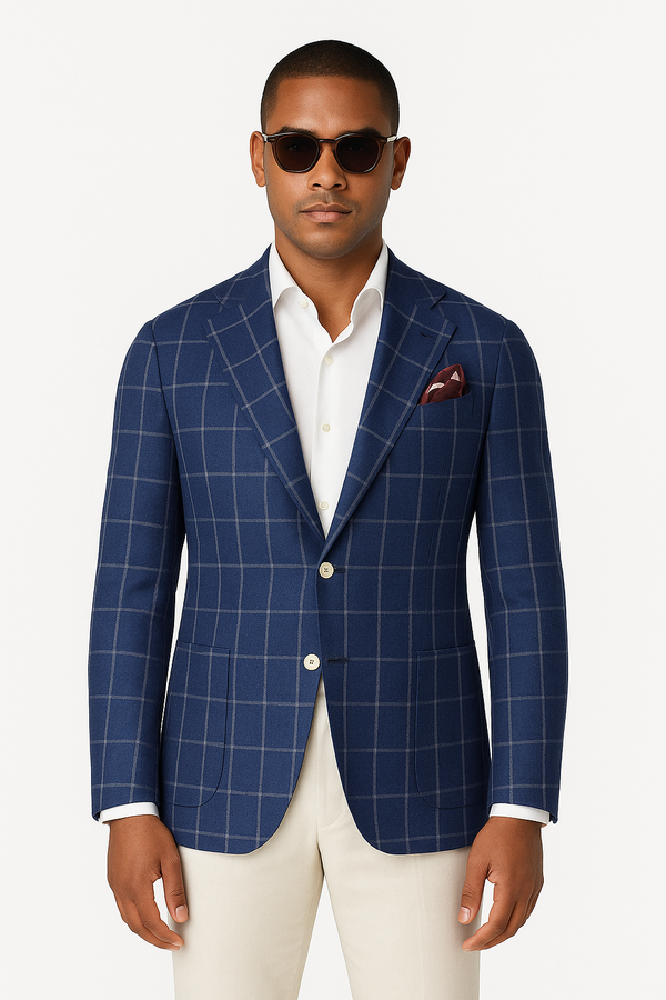 Zane Barlas blue wool-silk-linen windowpane blazer on model