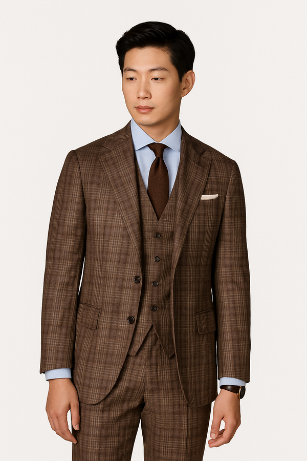 Zane Barlas brown check three-piece wool suit on model