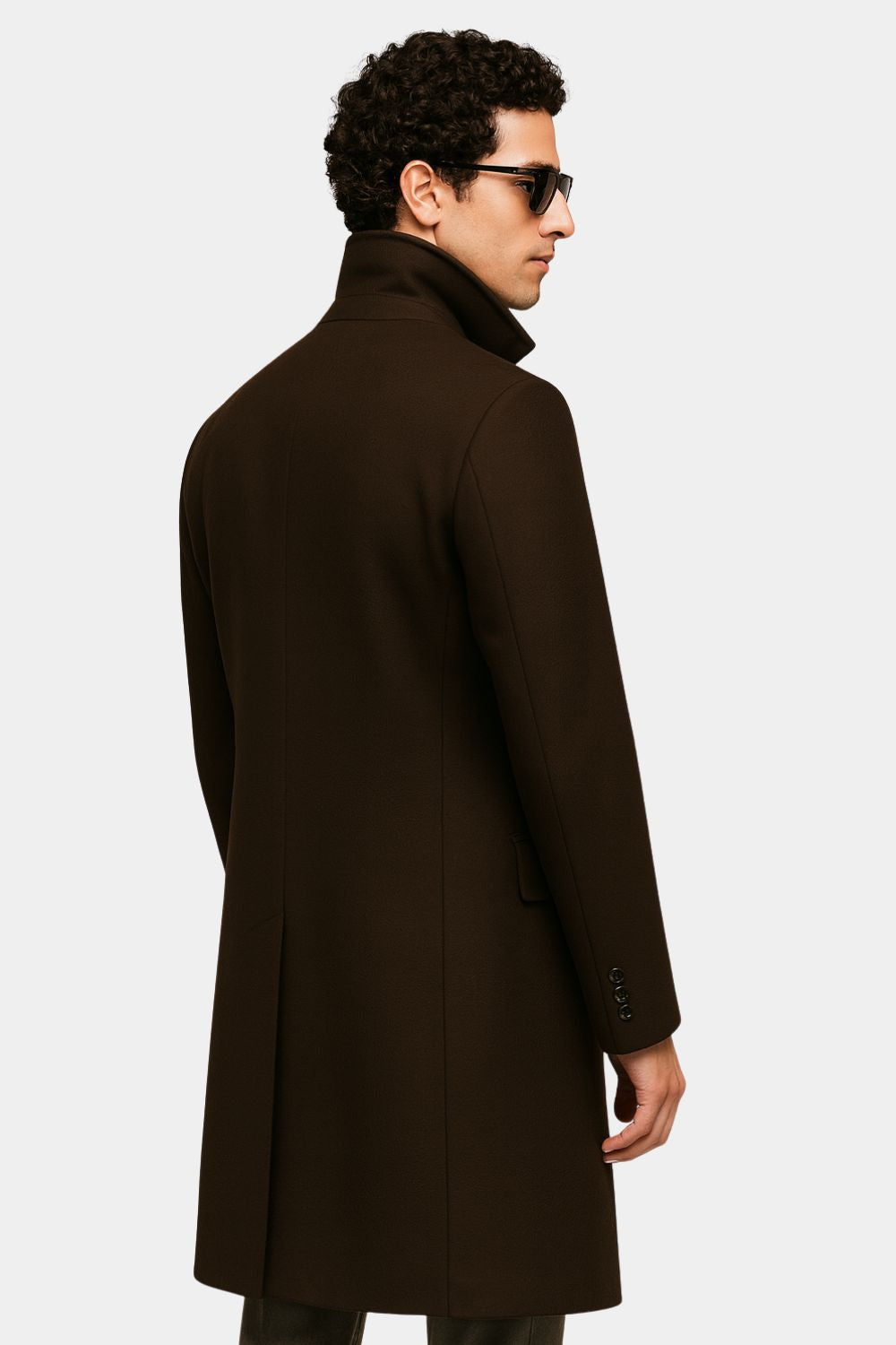 Zane Barläs Brown Wool Overcoat — back view on model