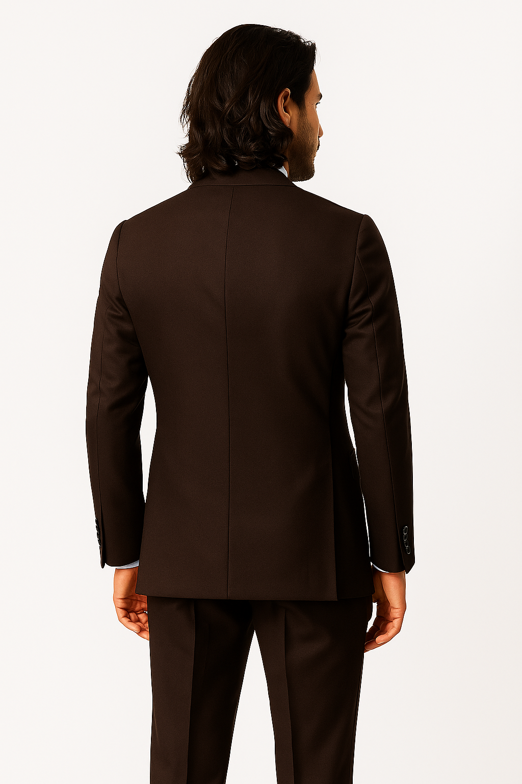 Zane Barlas brown three-piece wool suit on model, back