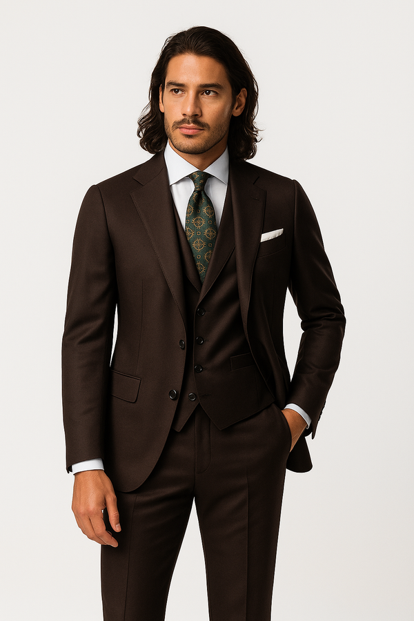 Zane Barlas brown three-piece wool suit on model, notch lapel