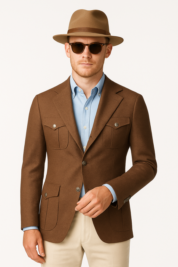 Zane Barlas brown wool safari blazer with peak lapel on model