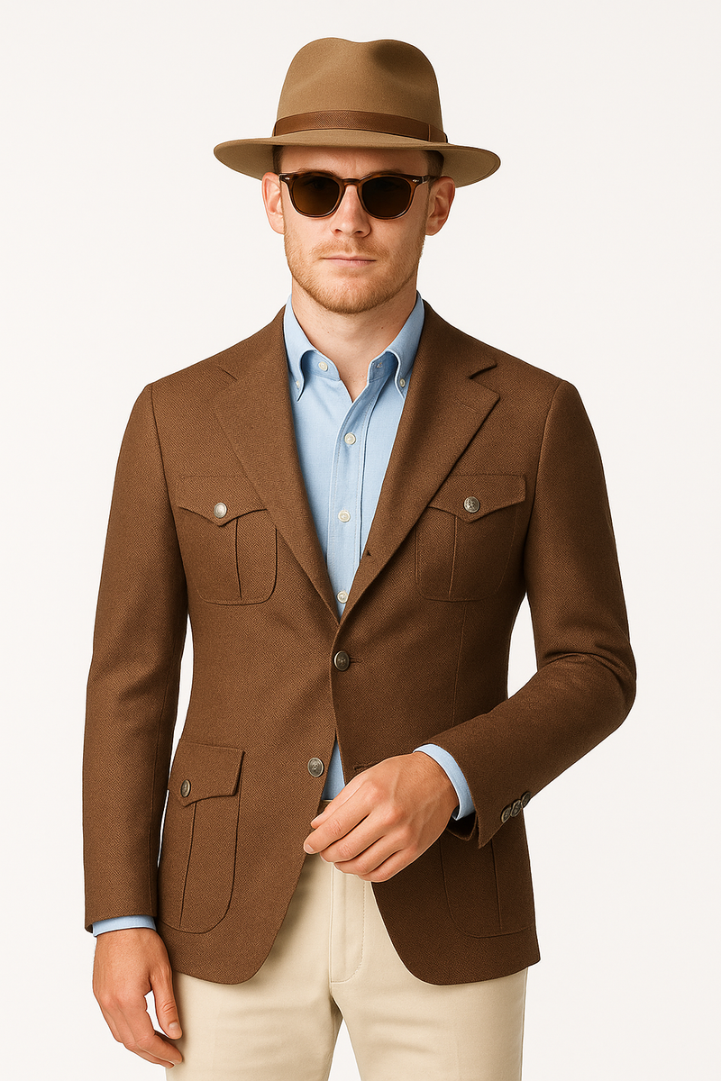Zane Barlas brown wool safari blazer with peak lapel on model