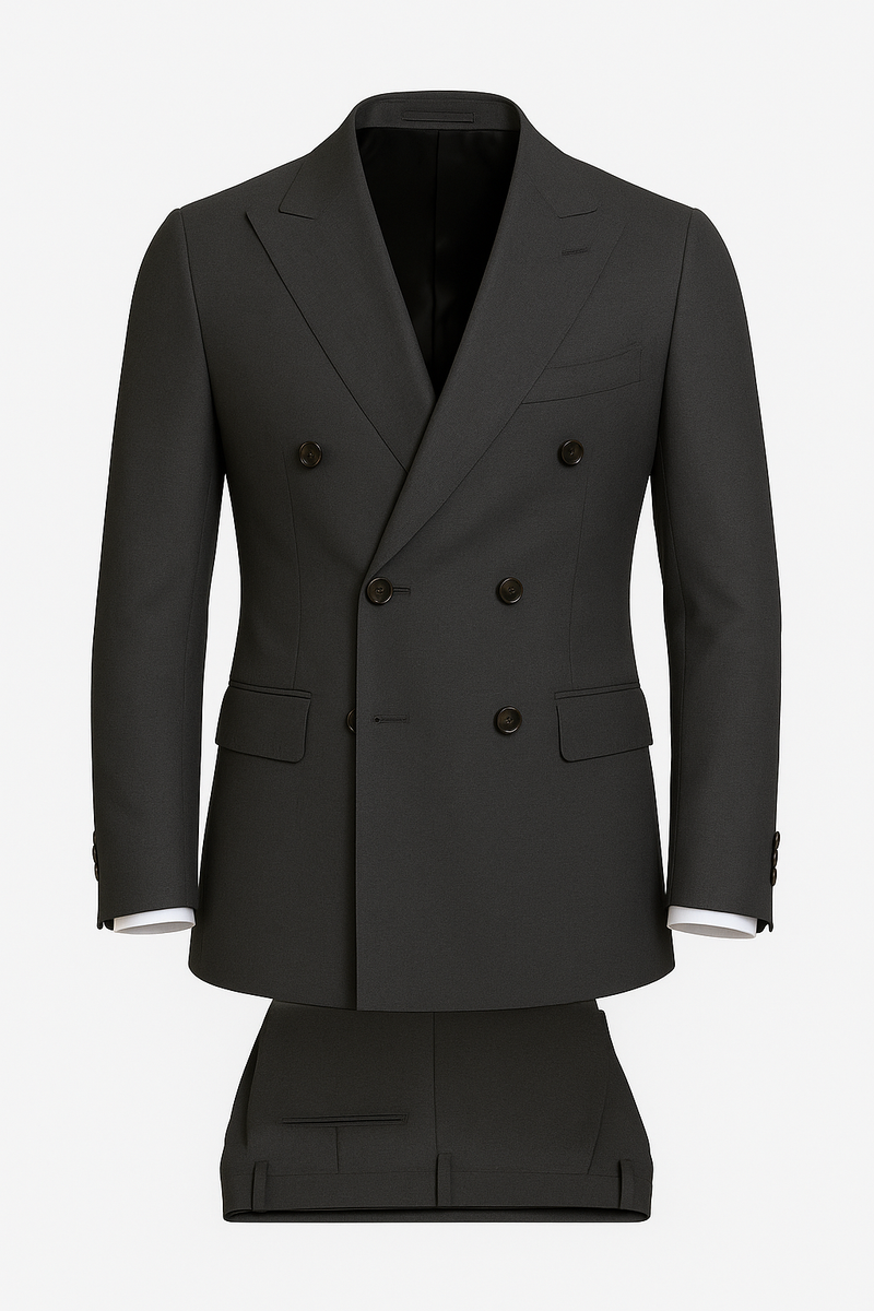 Zane Barlas charcoal grey double-breasted Super 120’s wool suit, peak lapels, 6×2 buttons