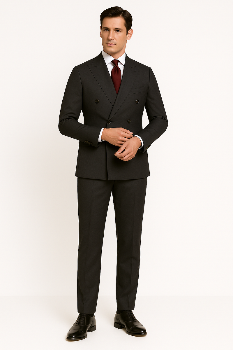 Zane Barlas charcoal grey double-breasted Super 120’s wool suit, peak lapels, 6×2 buttons