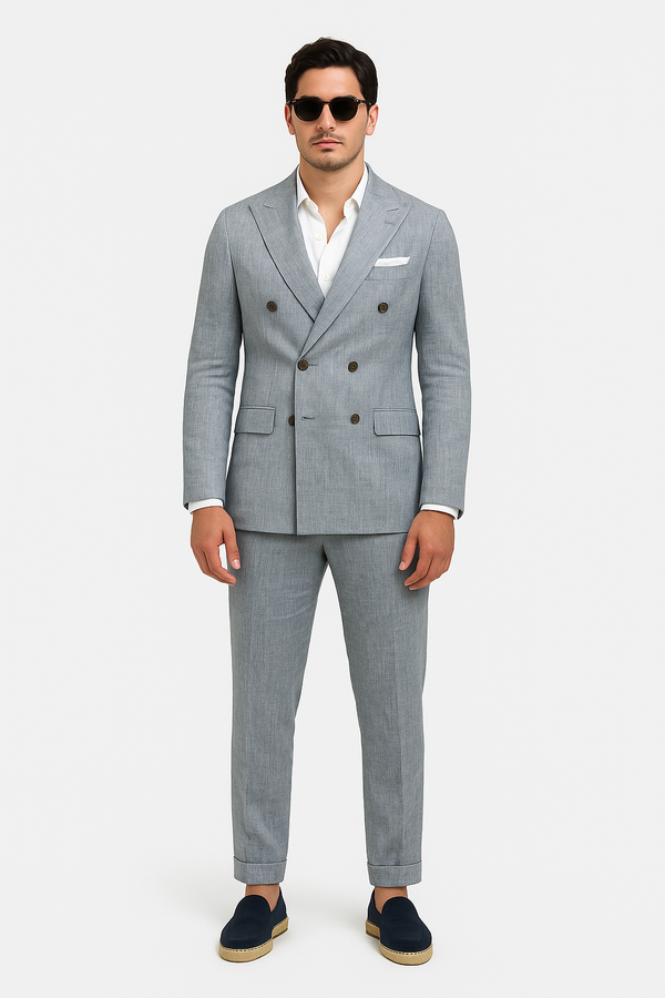 Zane Barlas light-grey double-breasted linen suit on model, front full view
