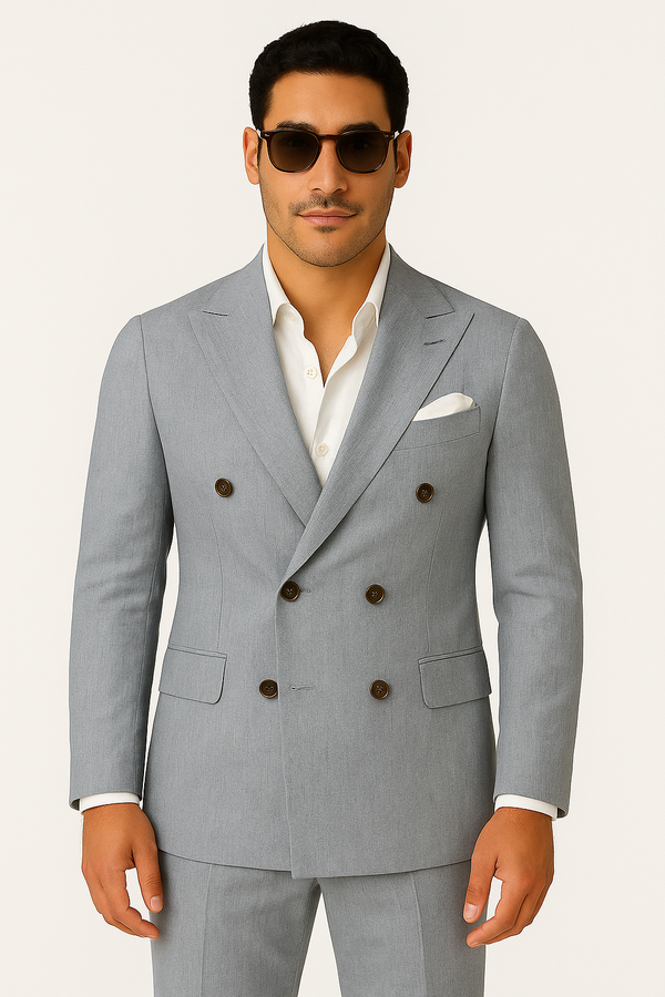 Zane Barlas light-grey double-breasted linen suit on model, front view