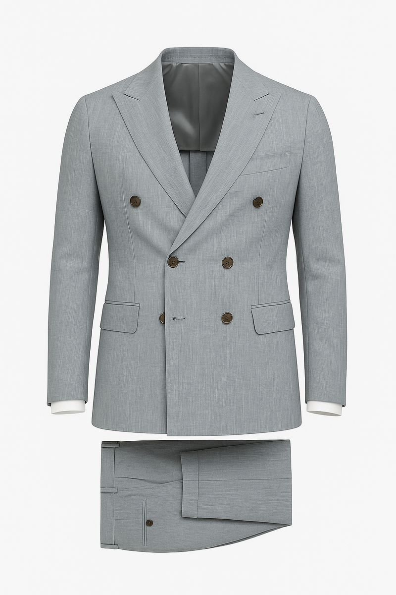Light-grey double-breasted linen suit jacket and trousers flat-lay