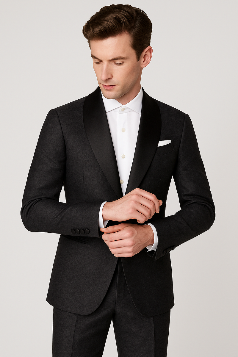 Zane Barlas grey statement tuxedo with wide satin shawl lapel style