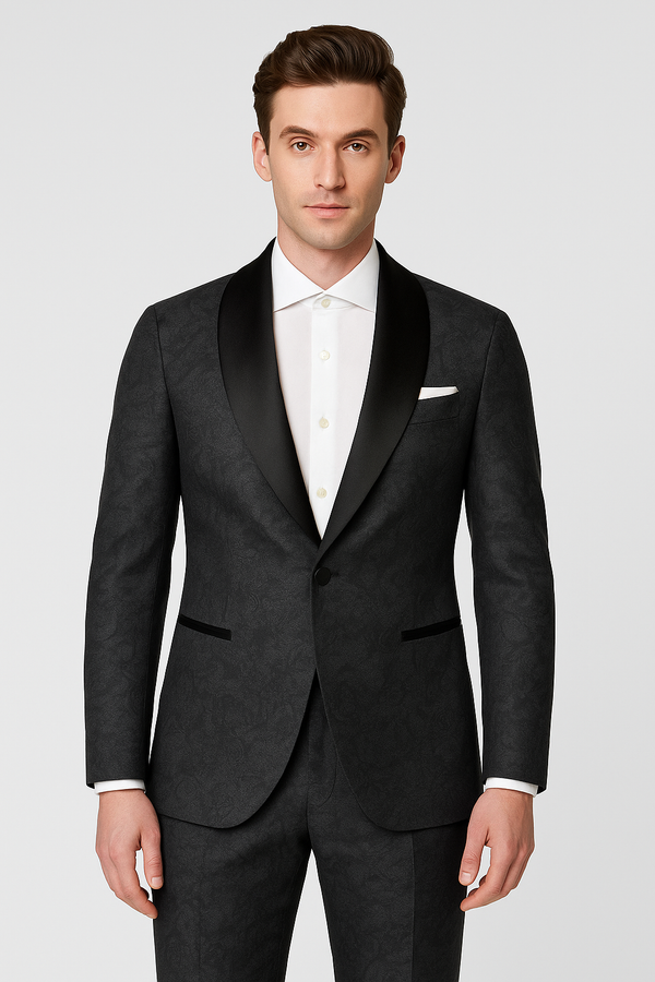 Zane Barlas grey statement tuxedo with wide satin shawl lapel