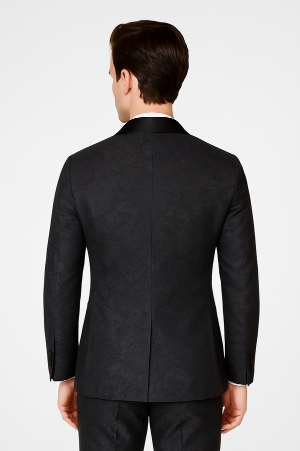 Rear view of grey jacquard shawl lapel tuxedo showing clean vent