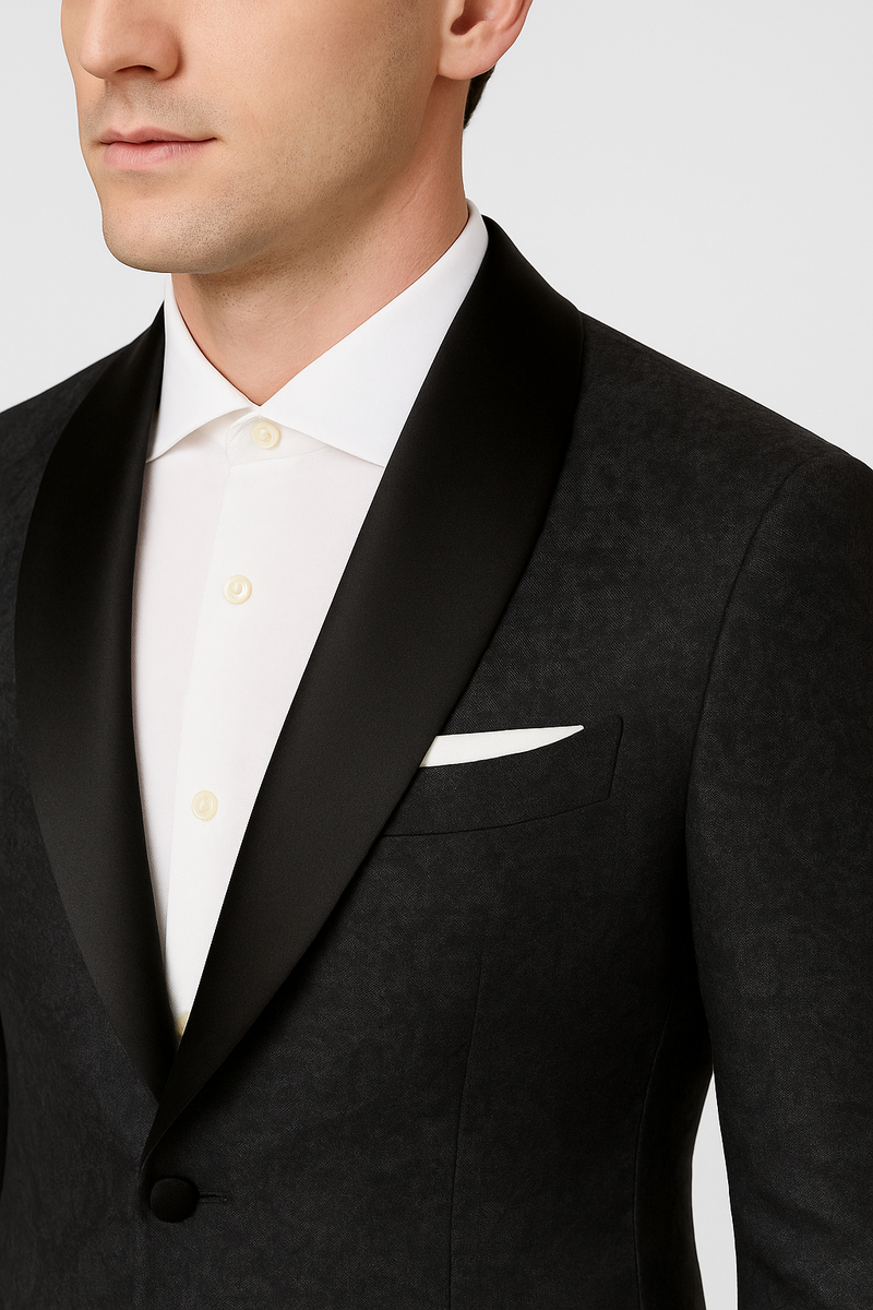 Close-up of wide satin shawl lapel and jacquard fabric texture