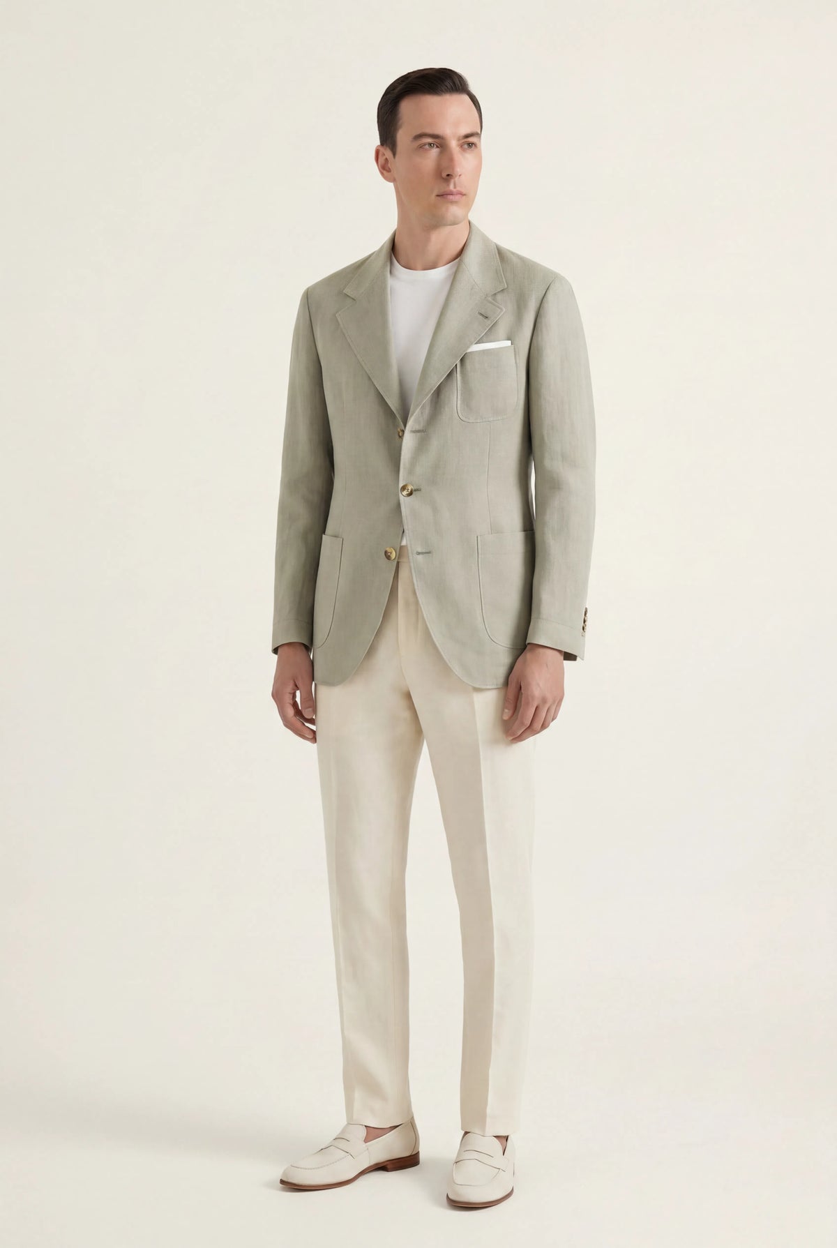 Zane Barläs Sage Linen Herringbone Jacket. Side view tailored fit on model