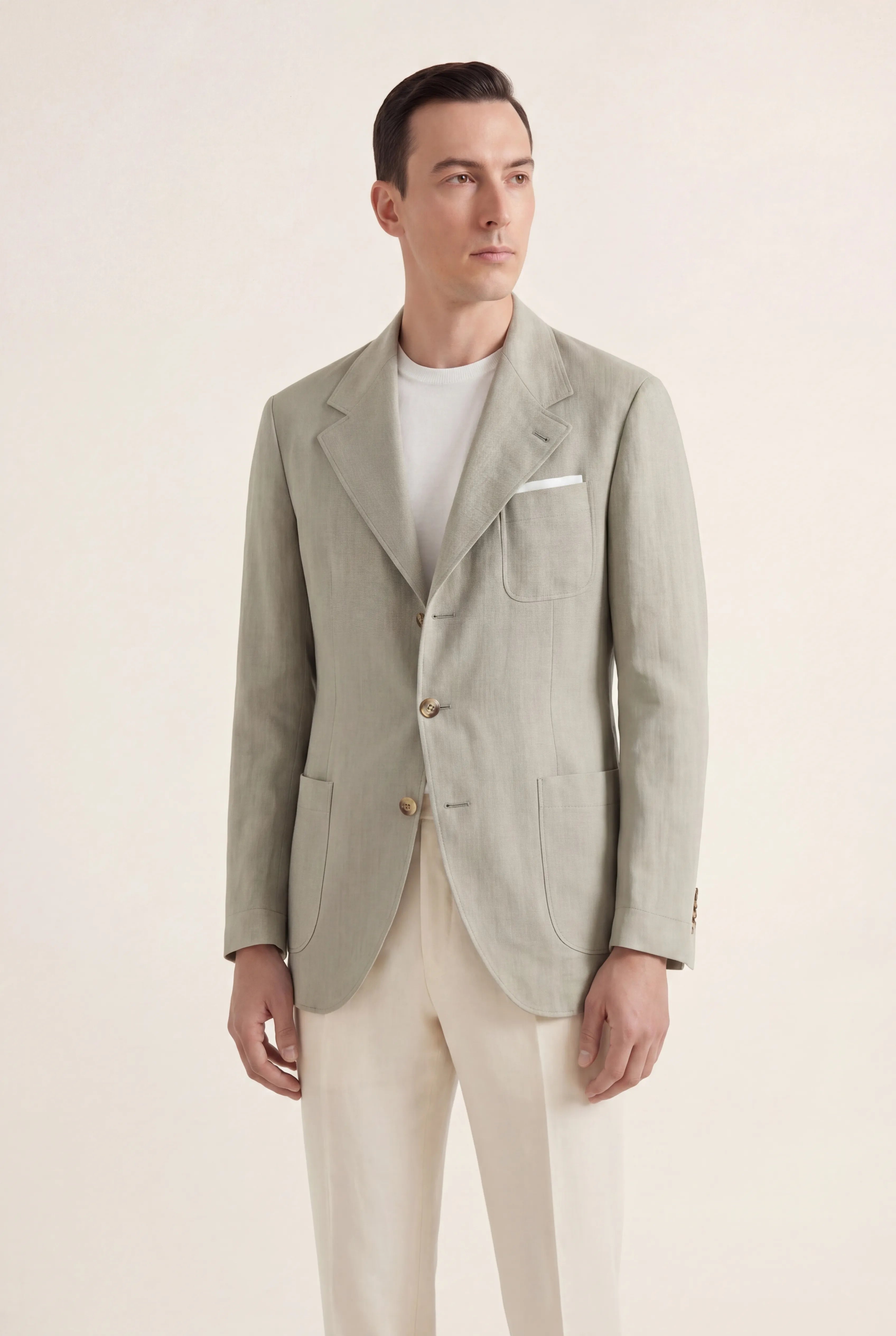 Zane Barläs Sage Linen Herringbone Jacket. Front view tailored Italian linen blazer for men