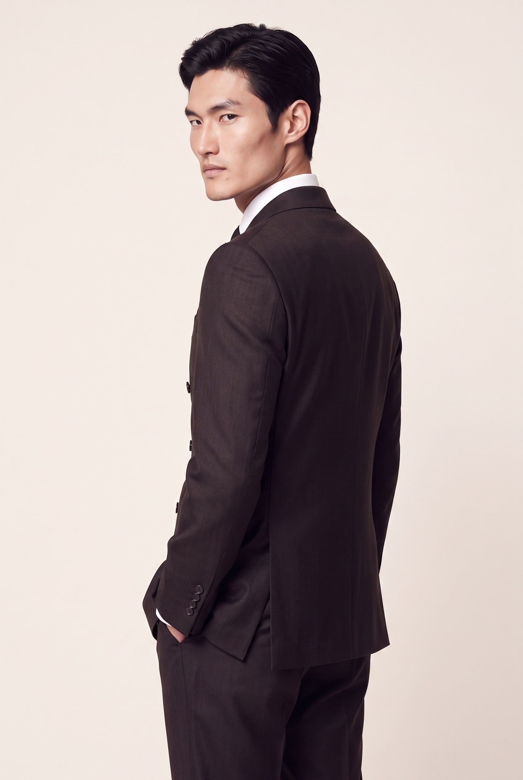 Manhattan Dark Brown Suit, three quarter back view
