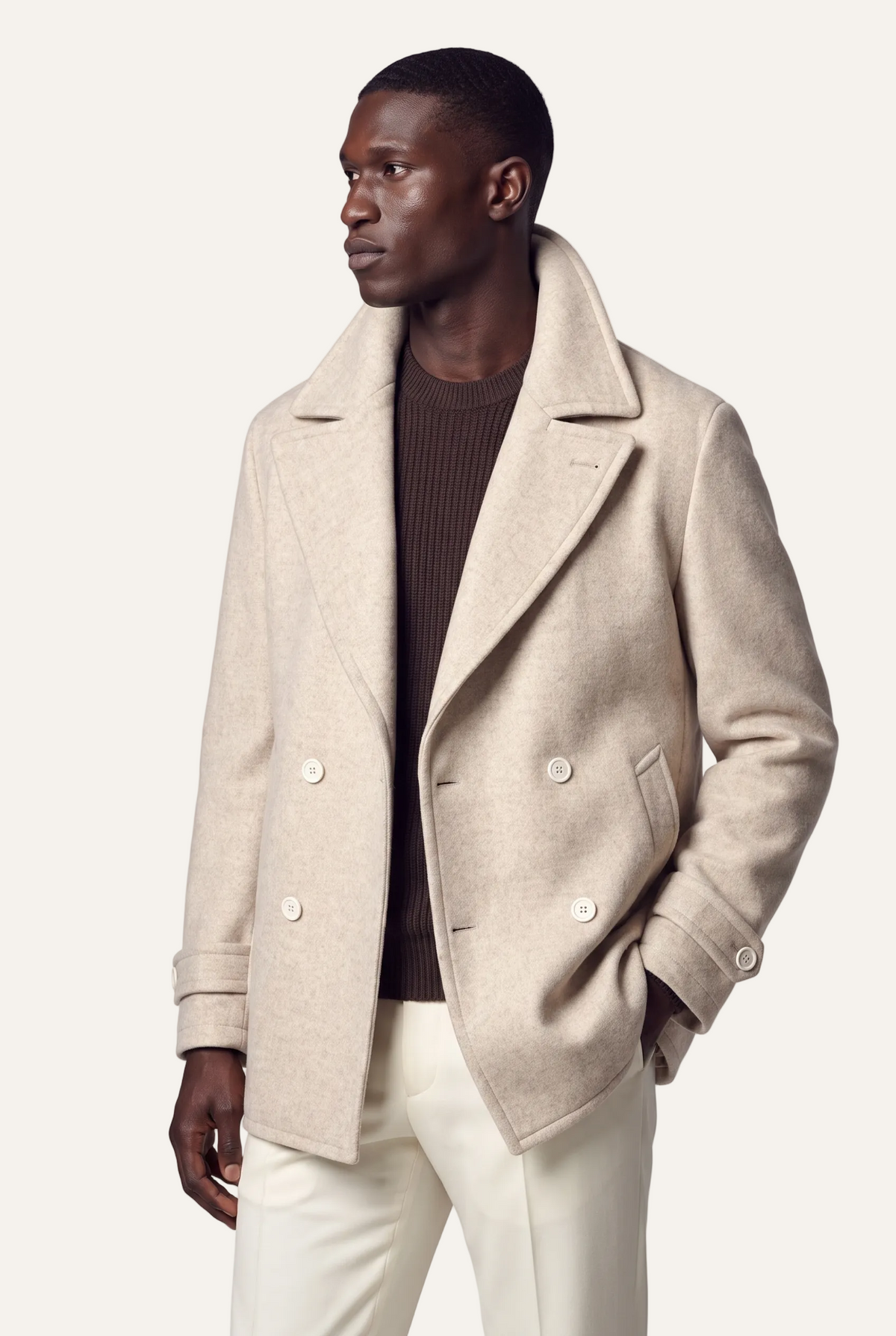 Harbour Oat Peacoat, angled view with buttons closed