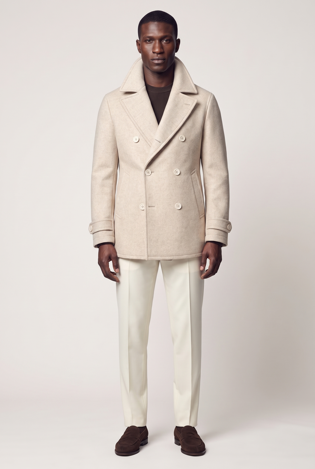 Harbour Oat Peacoat, full length front view with buttons closed