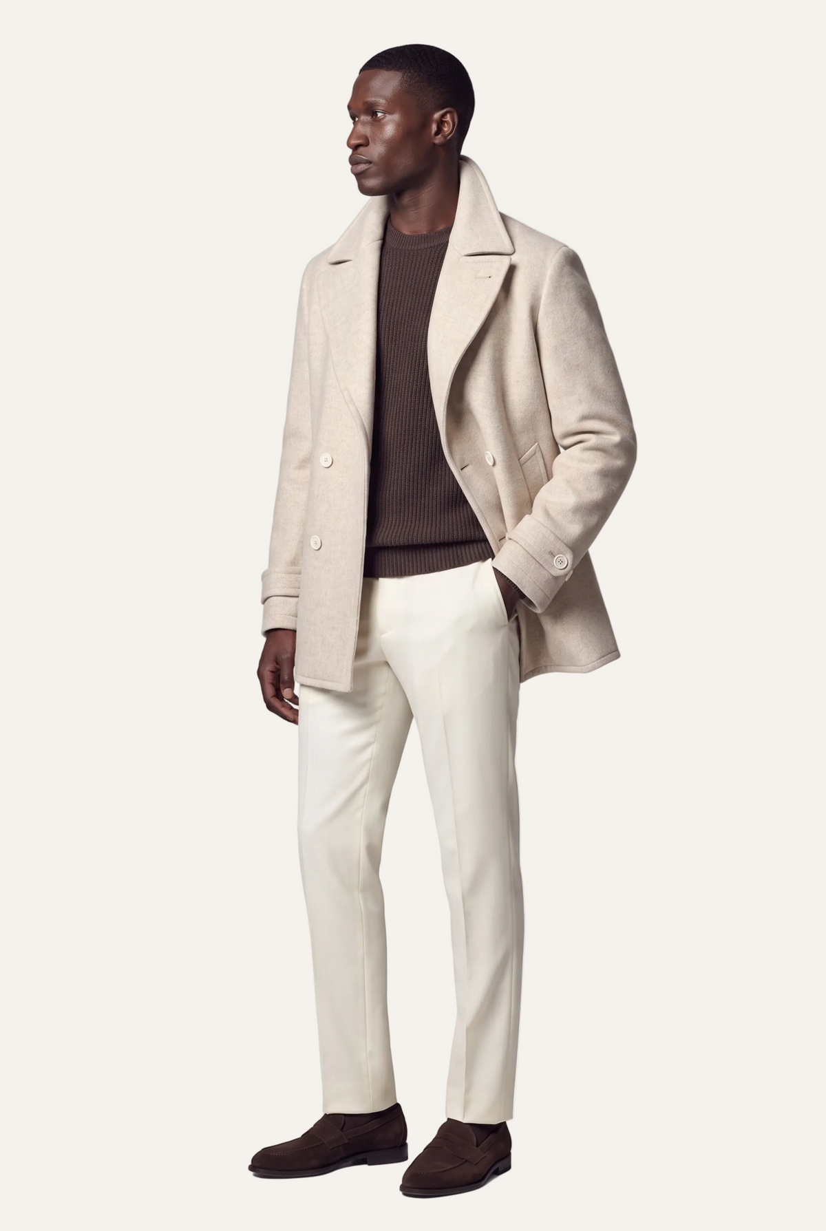 Harbour Oat Peacoat, full length angled view