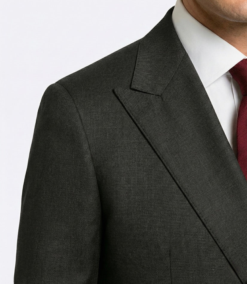 Zane Barläs Grey Double Breasted Suit, peak lapel detail close-up Italian wool