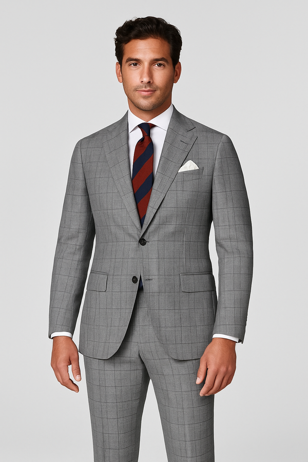 Zane Barlas Oxford Grey check wool suit on model, front view