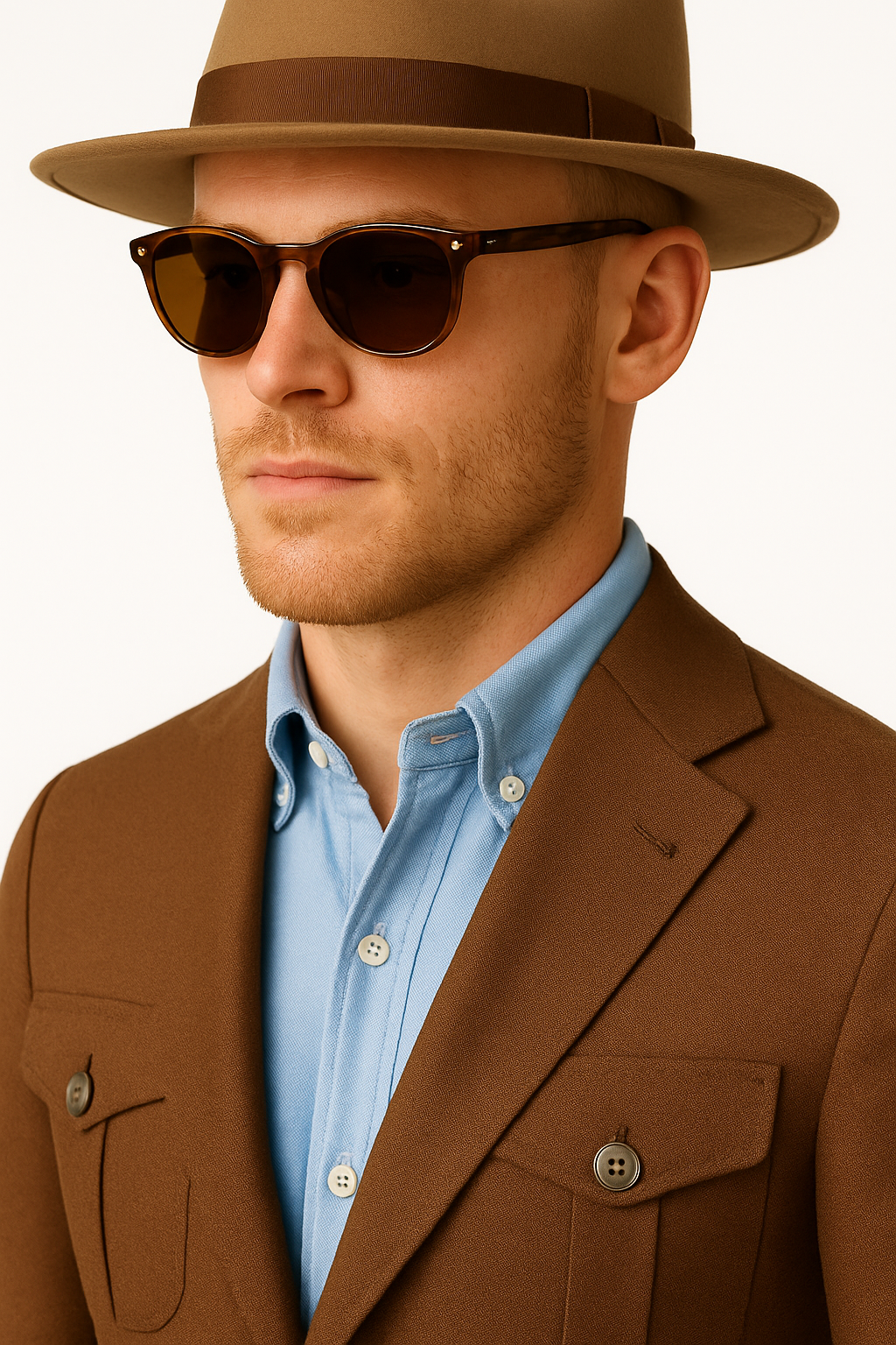 Close-up of pleated patch pocket and horn buttons on brown safari blazer