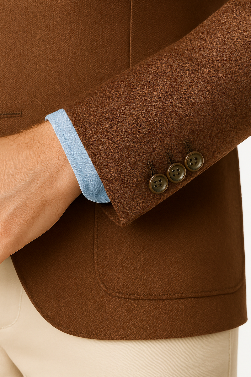 Close-up of pleated patch pocket and horn buttons on brown safari blazer