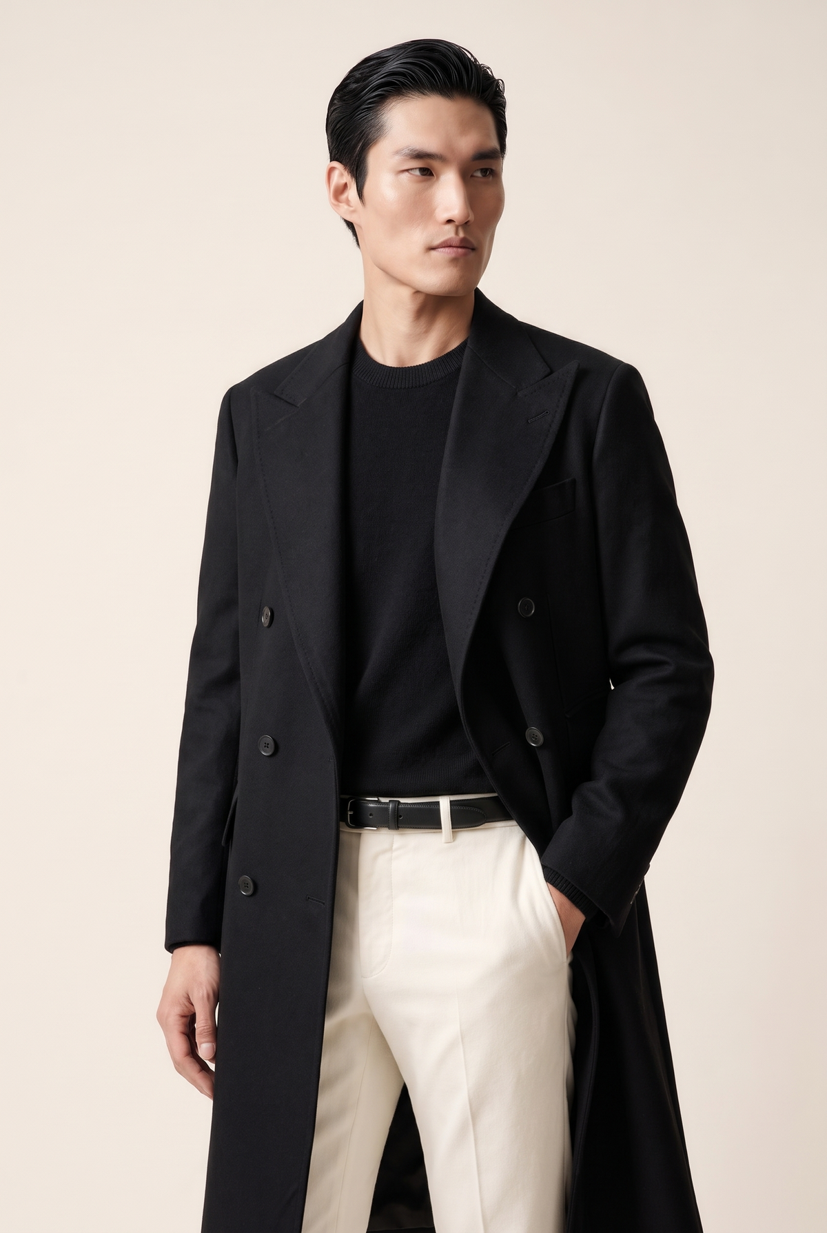 Manhattan Black Overcoat, front three quarter view
