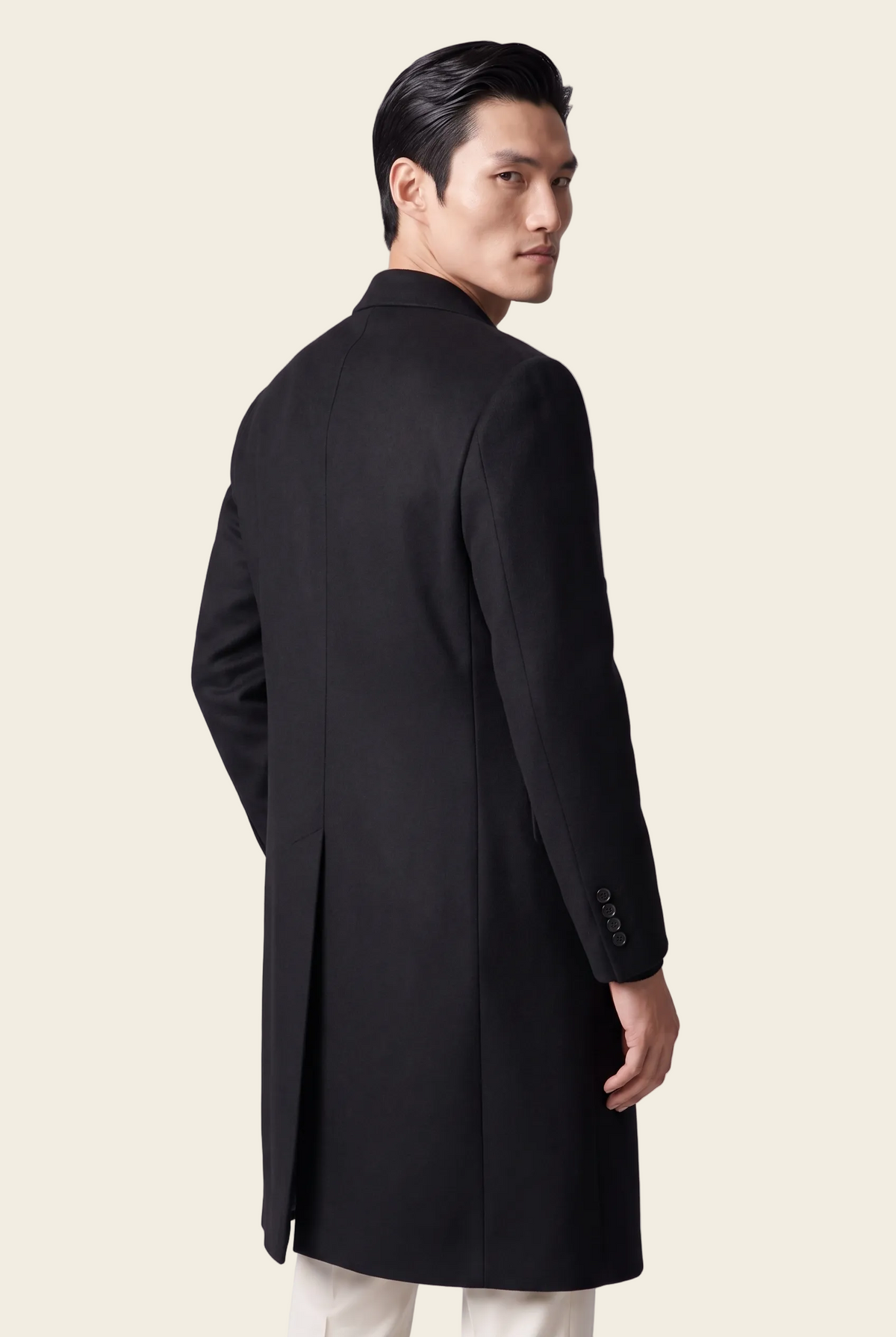 Manhattan Black Overcoat, three quarter back view